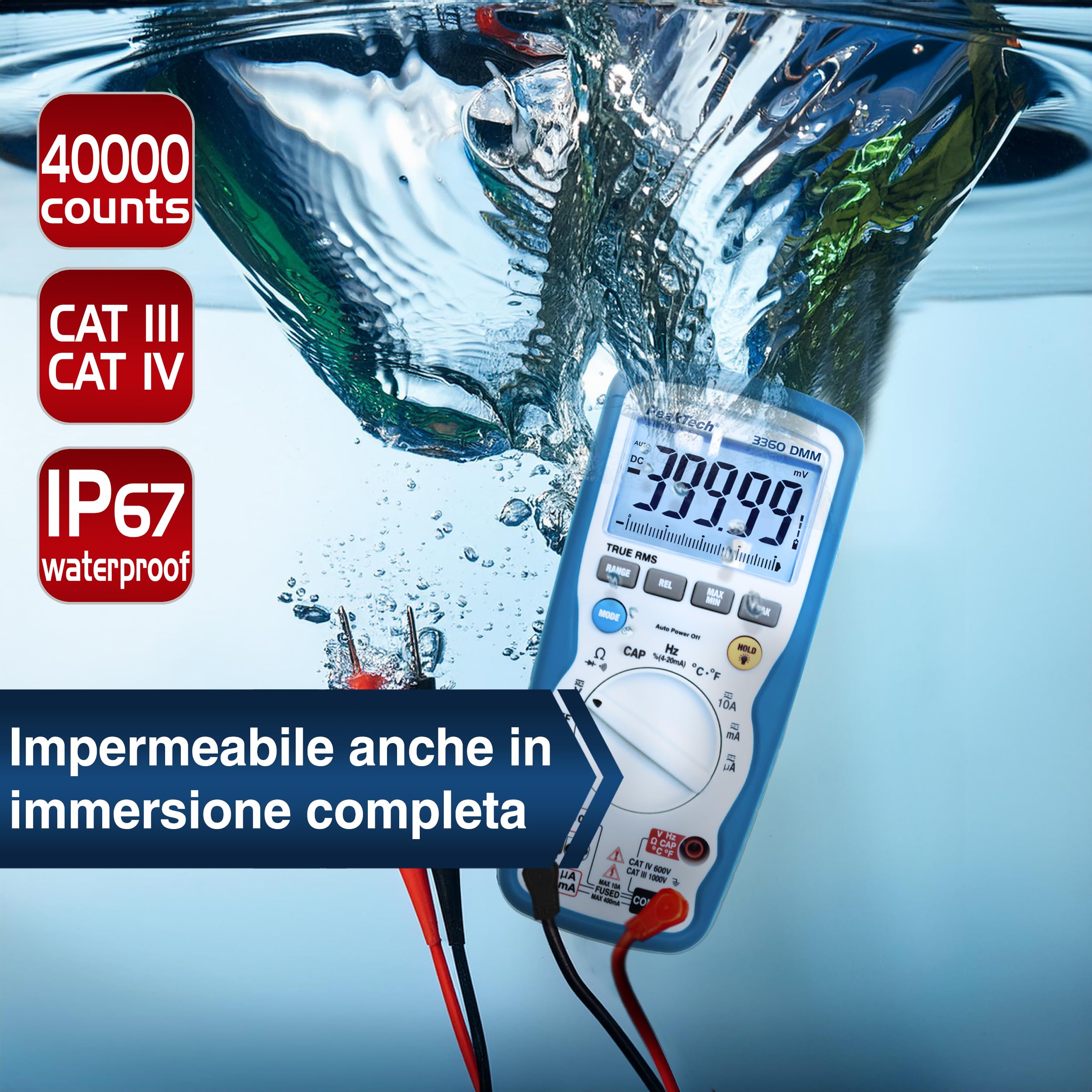 Peaktech P 3360 – Multimetro Digitale True Rms, Impermeabile, 40000 Conteggi, Tascabile Professionale, Tüv/Gs, Autorange, Misurazione della Corrente, Voltmetro, Tester di Continuità - Cat Iii 1000 V