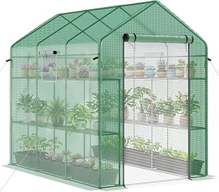 7' x 5' x 6' Walk-in Greenhouse for Outdoors, Portable Garden Greenhouse with PE Cover, Mesh Door and Windows, 18-Shelf Plant Organizer with Trellis, Powder-Coated Steel Frame, Green