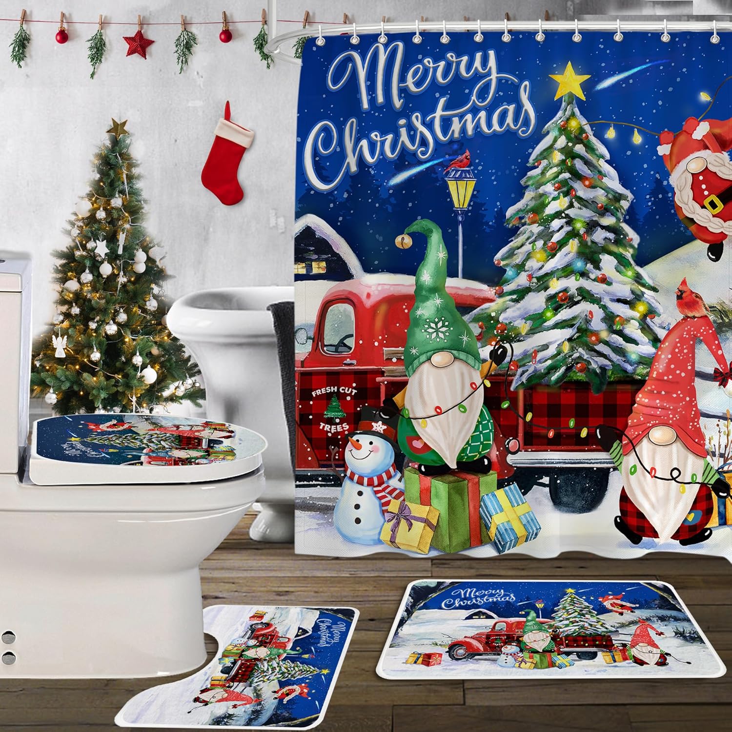 Amazon.com: Christmas Shower Curtain Set, Christmas Bathroom Sets with Shower Curtain and Rugs ...