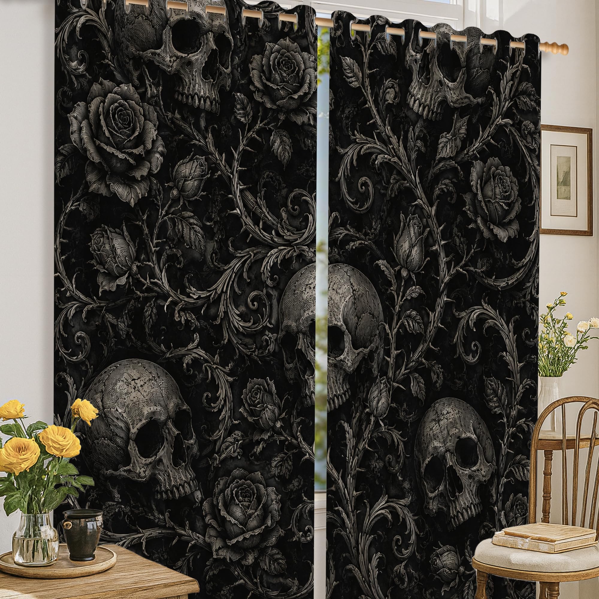 Rideaux occultants tête de mort pour décorer votre salon à Halloween