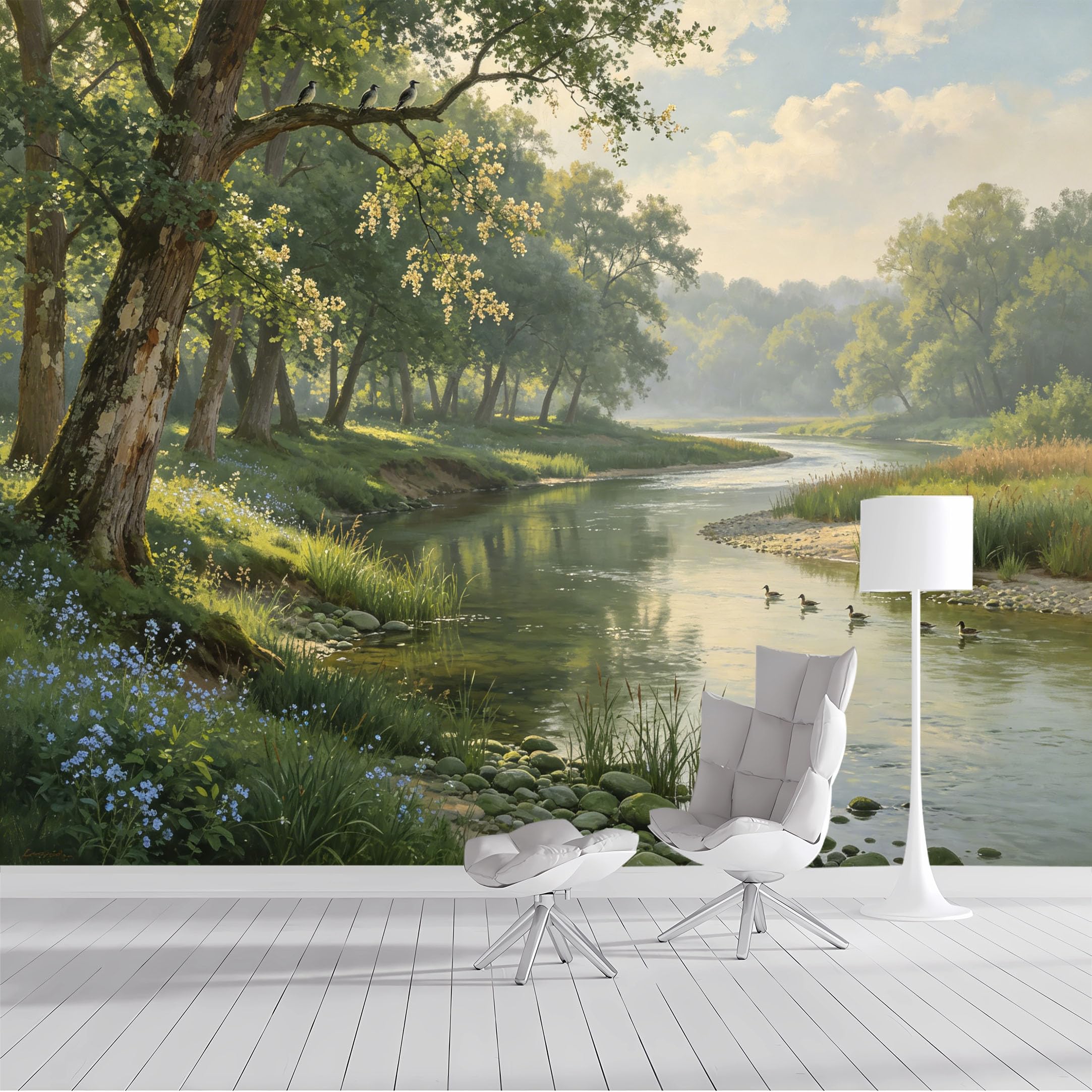 Custom Size Wall Mural Serene River Landscape Nature Watercolor SelfAdhesive Wall Fabric Removable Peel and Stick Wallpaper Wall Decor for Living Room Bedroom Bathroom