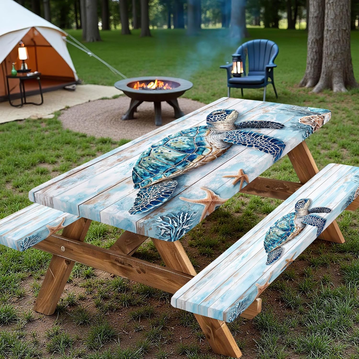 Picnic Table Cover with Bench Covers, Waterproof Windproof Fitted Outdoor Tablecloth with Elastic Rectangle Table Camping Must Haves Rv Accessories, 72in, Blue Wooden