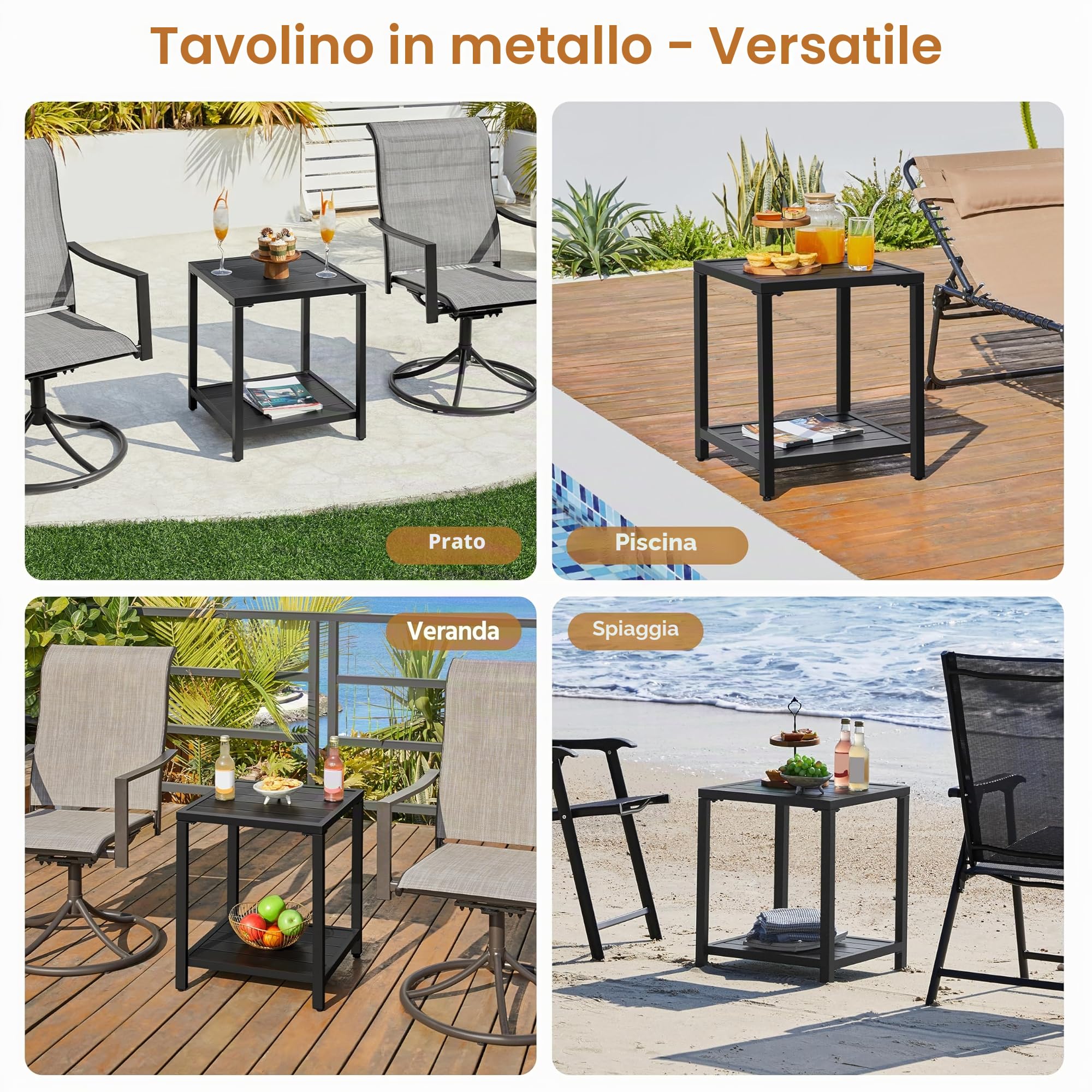 Yaheetech Tavolo da Giardino con Ripiano in Metallo Tavolino Quadrato di Servizio con Doghe per Esterno Patio Bistrot Terrazza 45 x 45 x 54 cm Nero