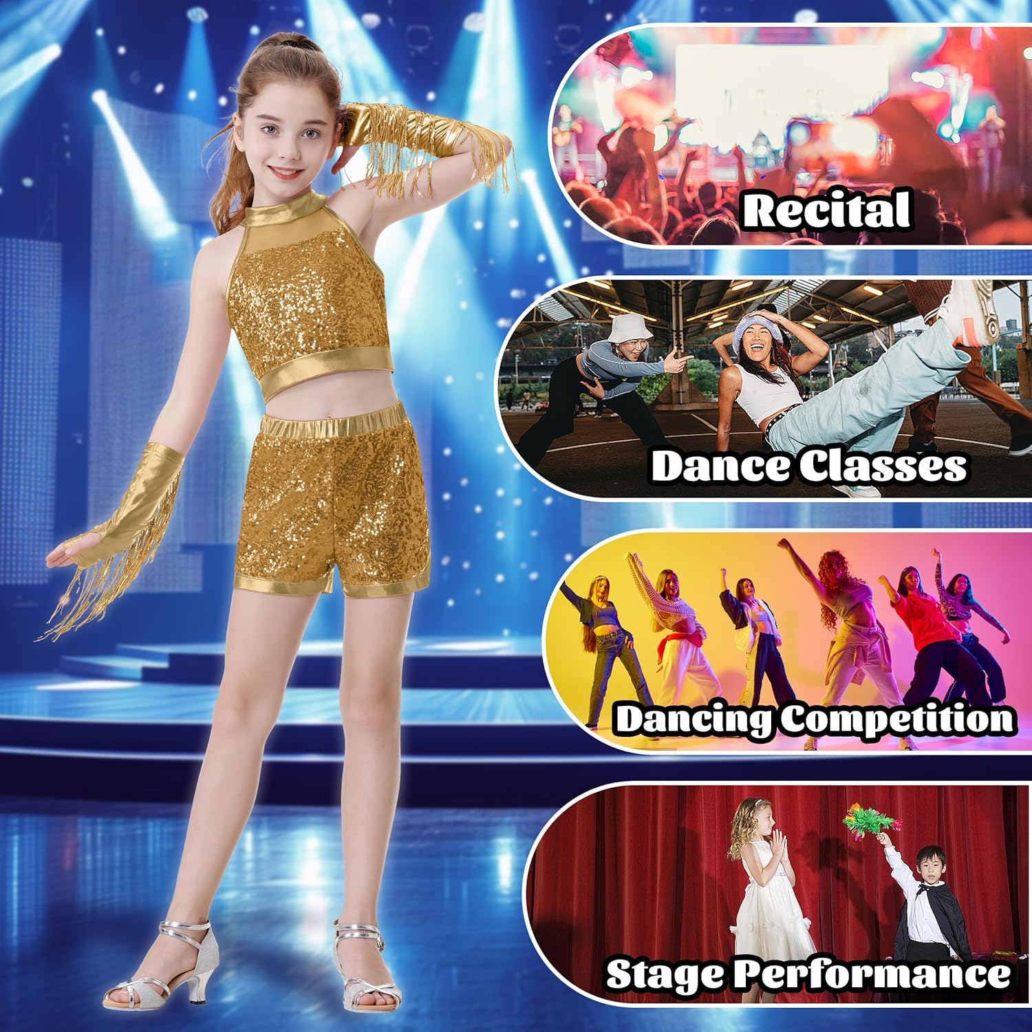 LOLANTA Girls Sequin Dance Outfit Crop Sequin Top Metallic Shorts with Tassel Arm Sleeves 5-13 Years Recital Costumes