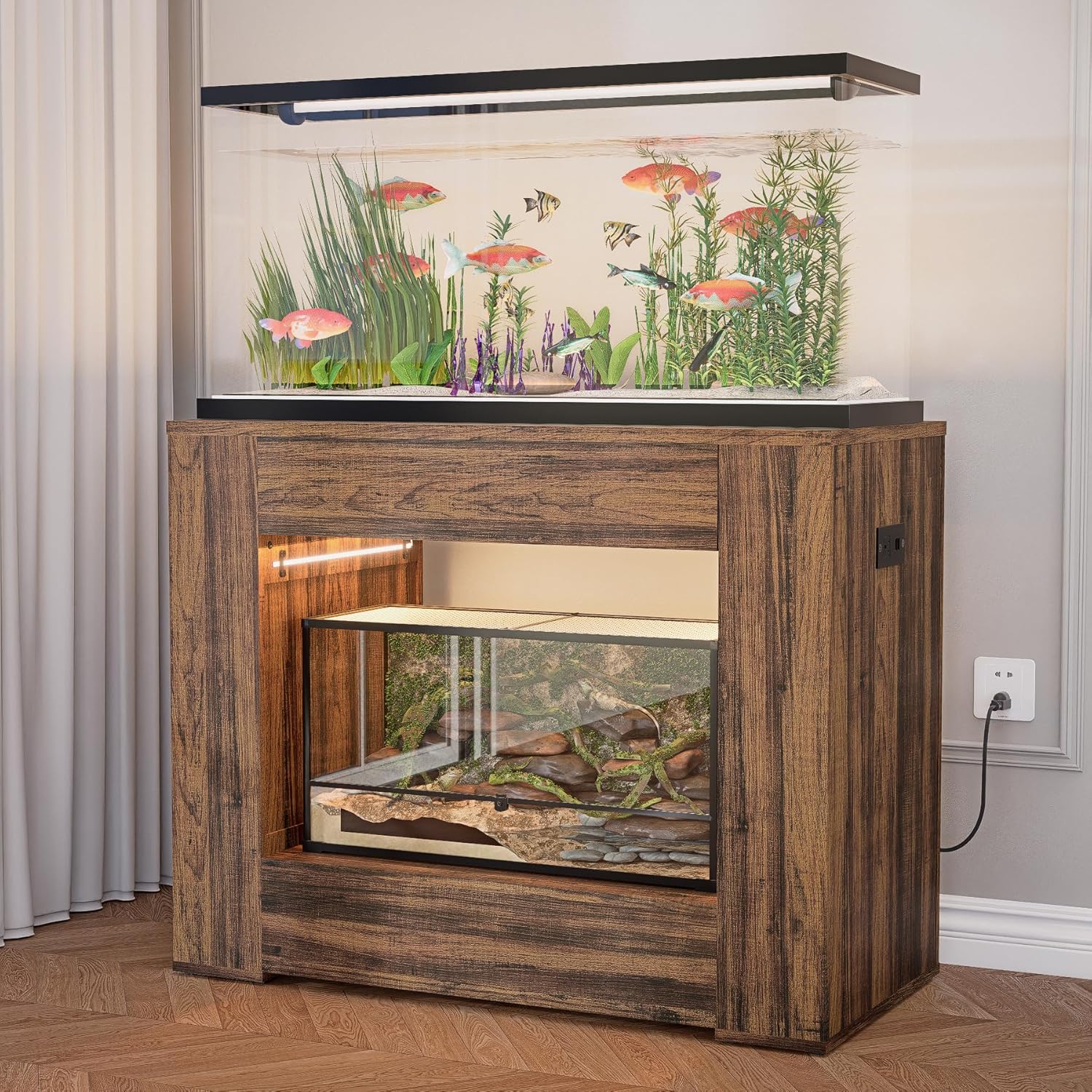 Aquarium Stand for 30–40 Gallon Breeder Tanks, 36" x 18" Fish Tank Stand for 50–65 Gallon Aquariums, Turtle Reptile Terrarium Stand with Power Outlet, LED Light & Storage Drawer, Farmhouse Rustic Brown