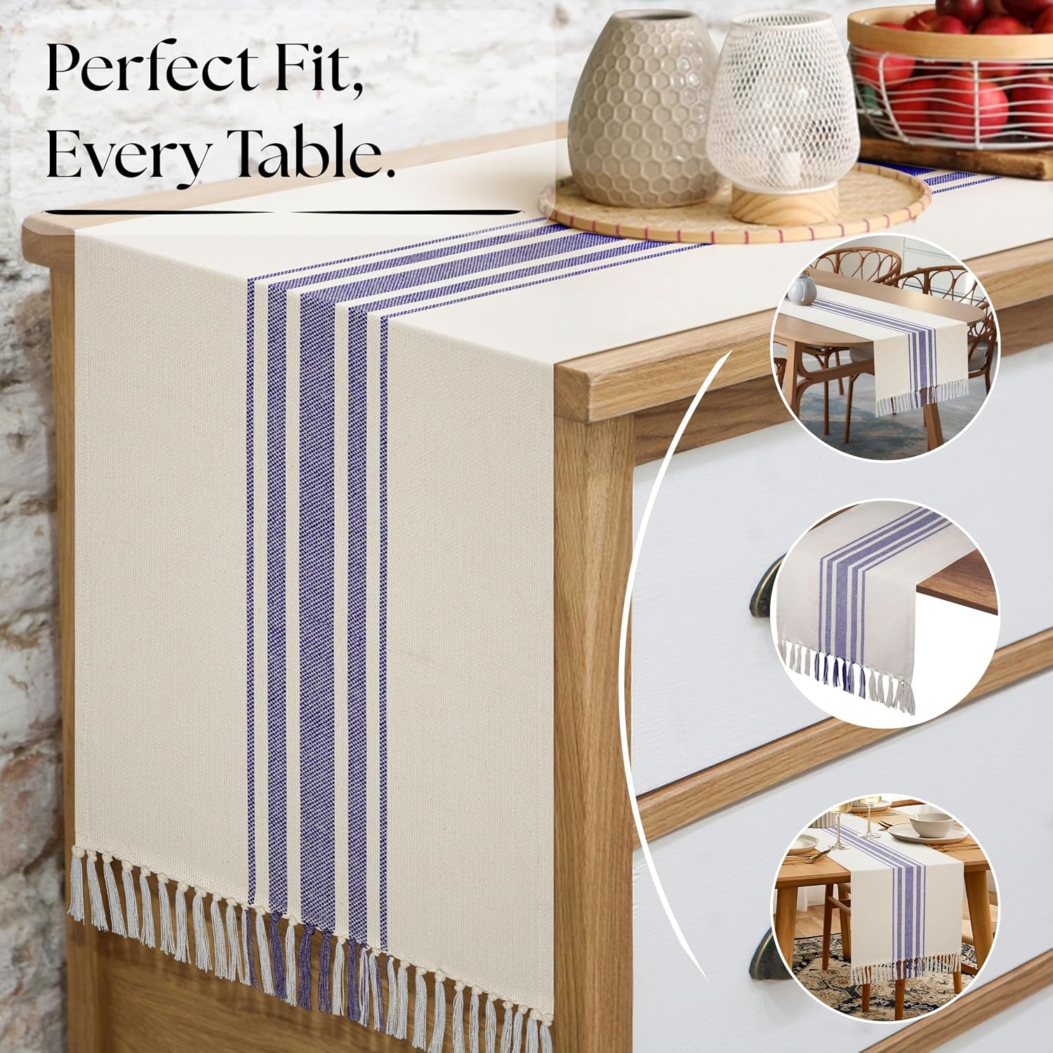 Native Fab Blue Stripe Table Runner - 90 Inches Long Boho Table Covers with Tassels - 100% Cotton, Tight Weave, Nonslip Tablerunner for Dining, Kitchen, Dresser, Wedding, 14"x90" - Blue and White