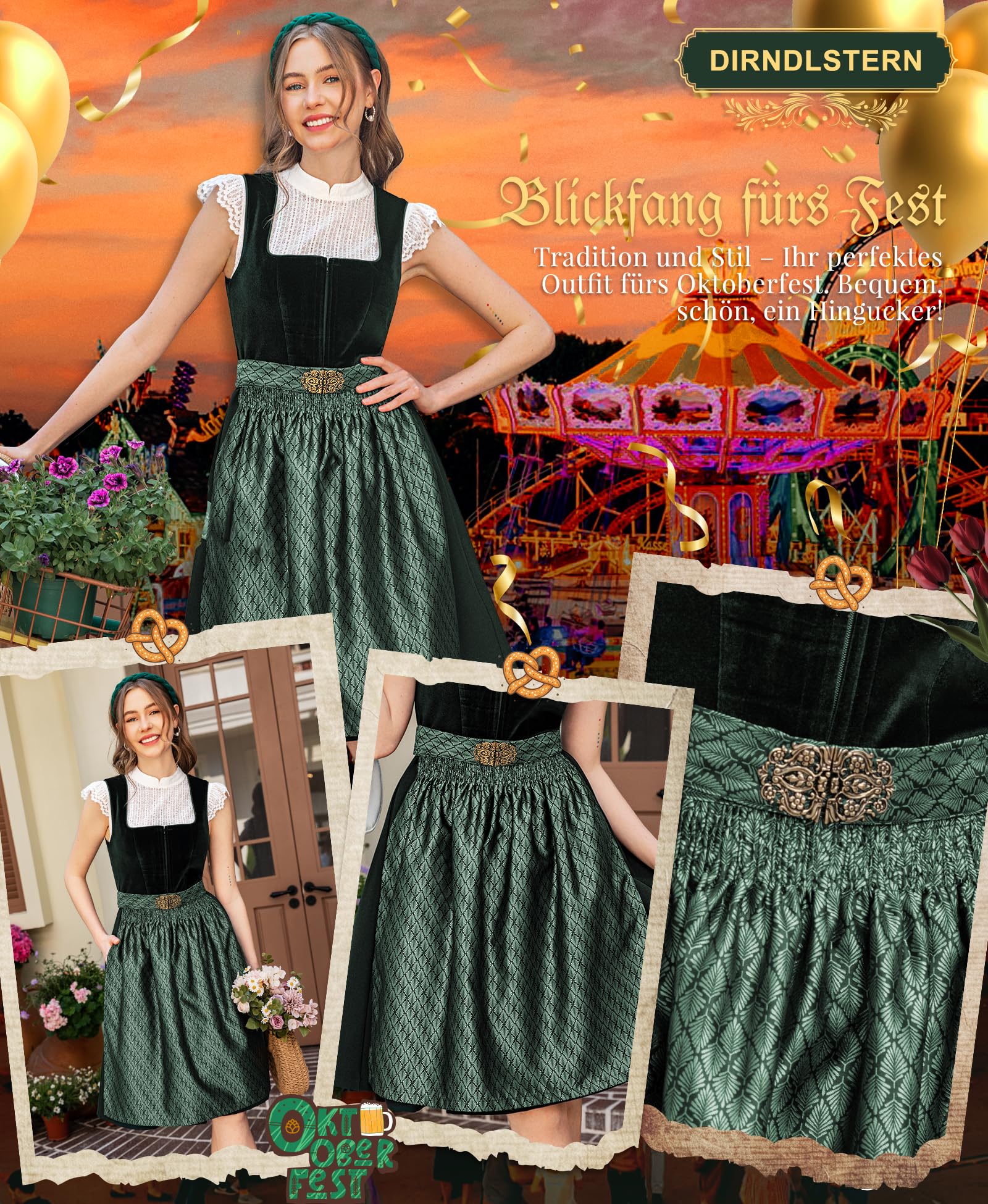 DIRNDLSTERN Schürze Damen Midi Dirndlschürze - Dirndlschürzen Trachtenschürze Mit Schnalle Oktoberfest Outfit