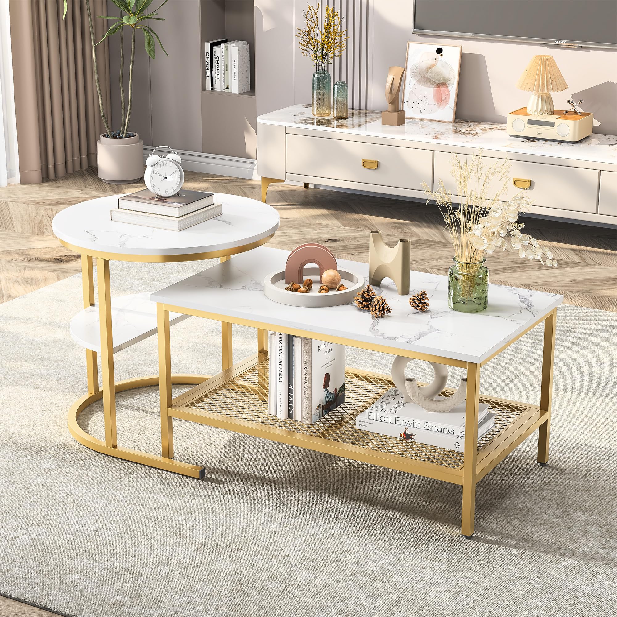 Set De 2 Tables Basses Marbre Blanc Et Doré - Rond Et Rectangle, Avec Rangement, Cadre Métal, Pour Salon