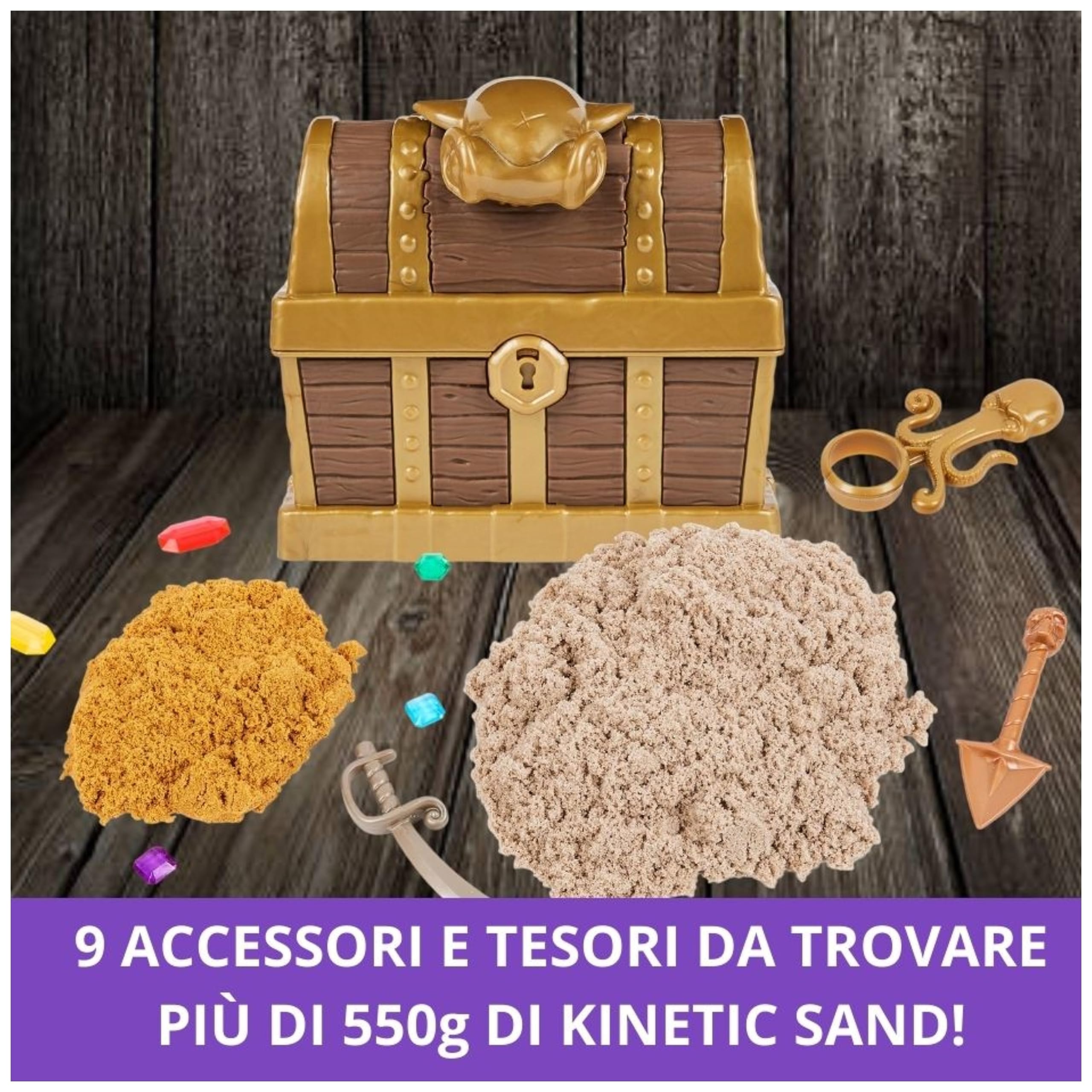 Kinetic Sand, Playset Caccia al Tesoro, con 567gr di Sabbia Marrone e Dorata Scintillante, 9 Tesori Nascosti da Trovare, Giocattoli per Bambini e Bambine, 3+ Anni
