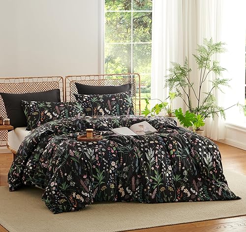 Miniatura 2 de Juego de funda de edredón floral negra tamaño matrimonial, juego de funda de edredón de 3 piezas para niños y niñas, estilo de jardín con patrón