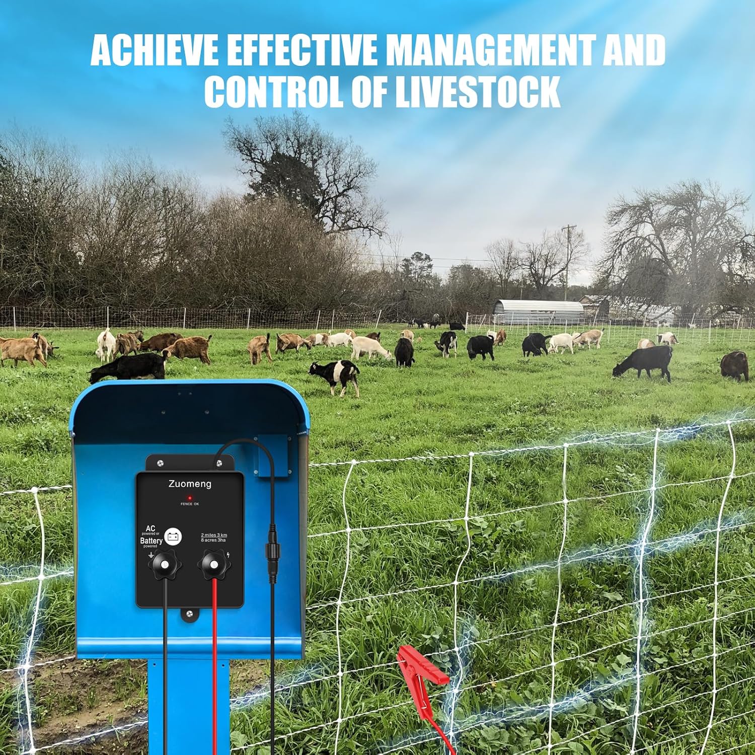Electric Fence Energizer, Zuomeng 2-Mile 8 Acres Electric Fence Charger Powered by Battery or Power Adapter, 0.1 Joules, for Livestock, Pets, Garden & Wildlife Control