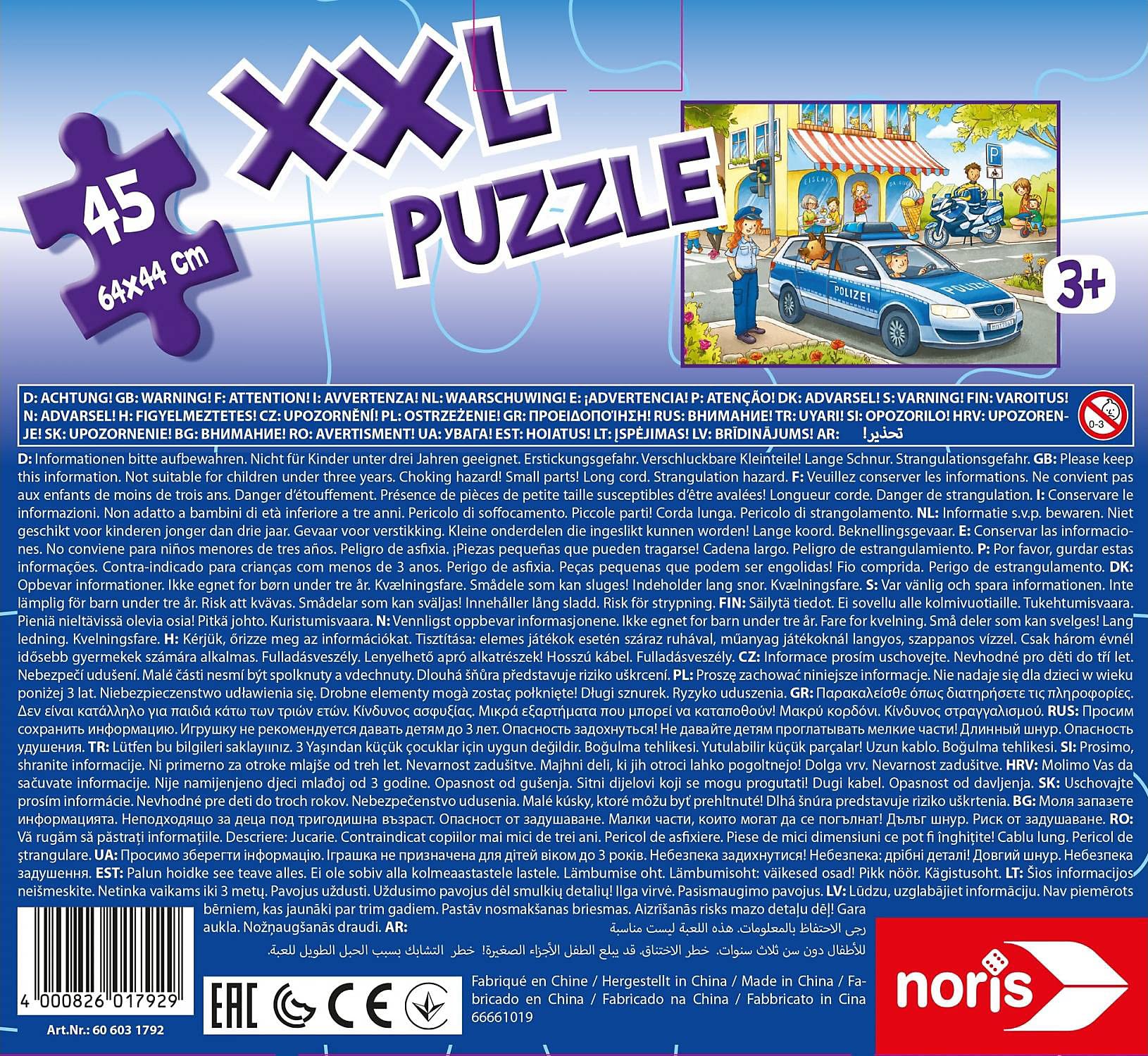 Noris 606031792 Puzle Gigante XXL, diseño de Rayas con la policía, con 45 Piezas (tamaño Total: 64 x 44 cm), para niños a Partir de 3 años
