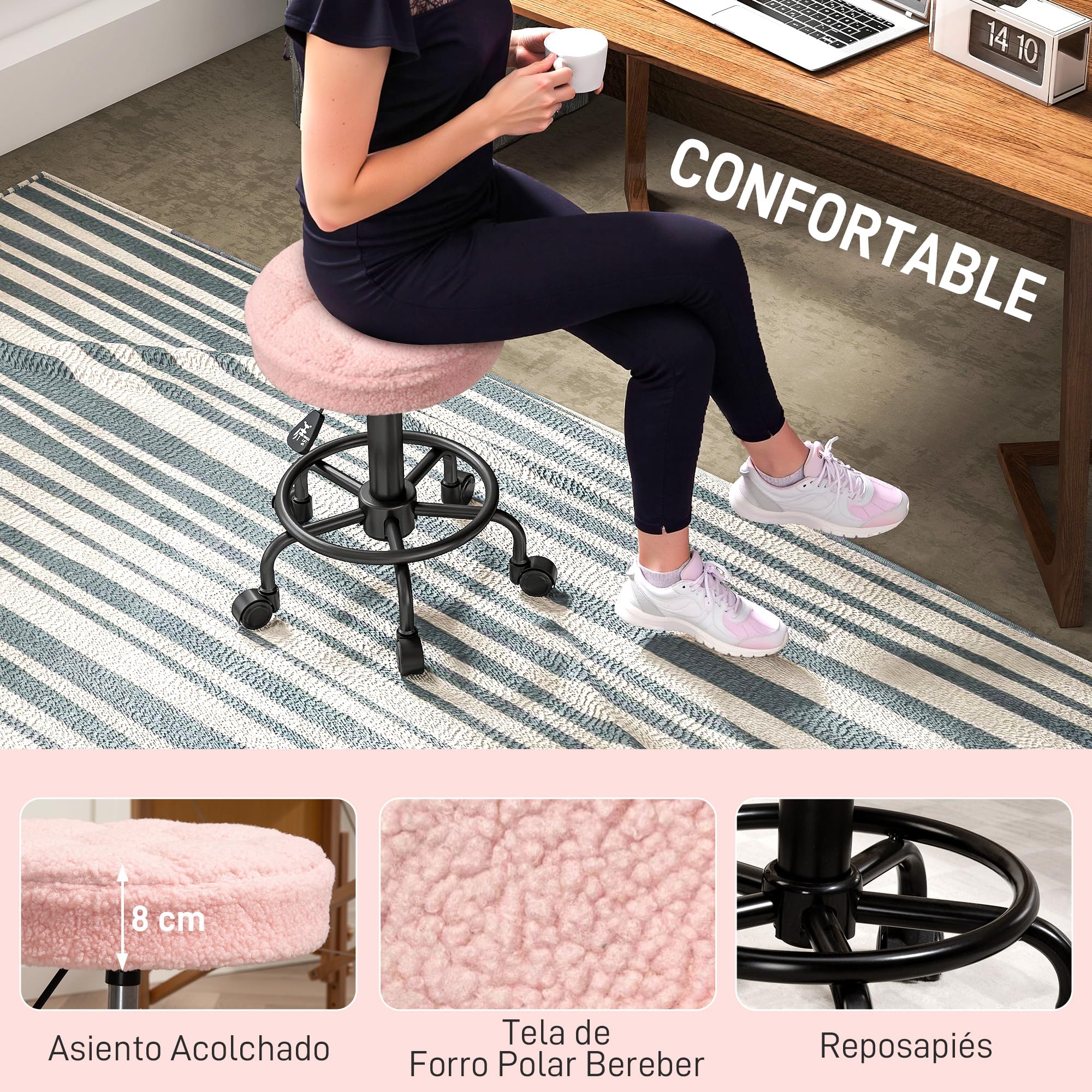 HOMCOM Taburete Giratorio Redondo Taburete con Ruedas Altura Regulable 50-66 cm Asiento Tapizado en Tejido de Borreguito para Salones Talleres SPA Masaje Rosa