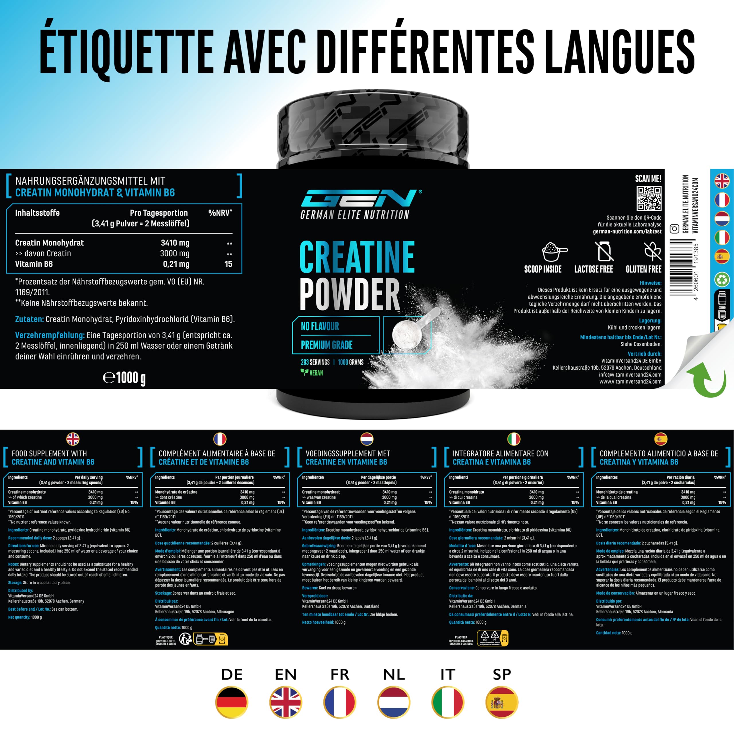 Poudre de Créatine - 1kg / 1000 g - Poudre de Monohydrate de Créatine - Solubilité Optimale & Microfine - Vegan - 293 Applications