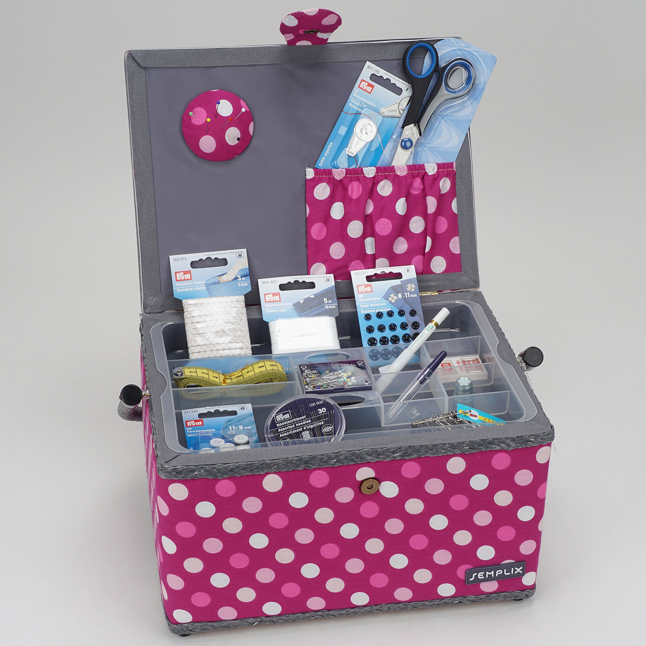 SEMPLIX Nähkorb Größe L gefüllt (30x22x19cm) - kompatibel mit Prym NähzubehörSet/Nähsortiment (im Lieferumfang enthalten) - Polka Dots Beere-rosa