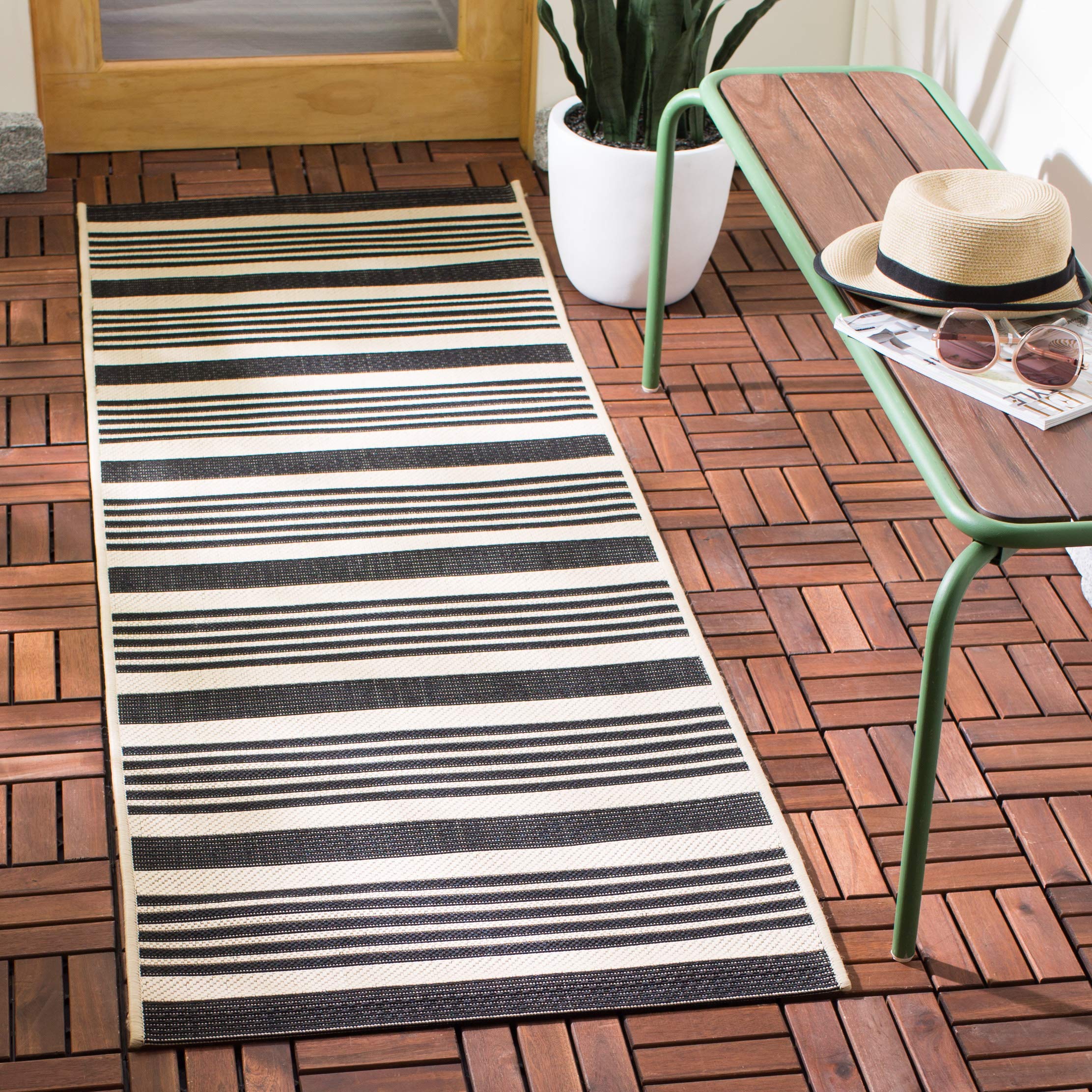 SAFAVIEH Washable Rug Outdoor Courtyard Collection - 2'3" x 18' Runner, Black & Bone, Non-Shedding & Easy Cleaning, Ideal for Patio, Entryway, Mudroom