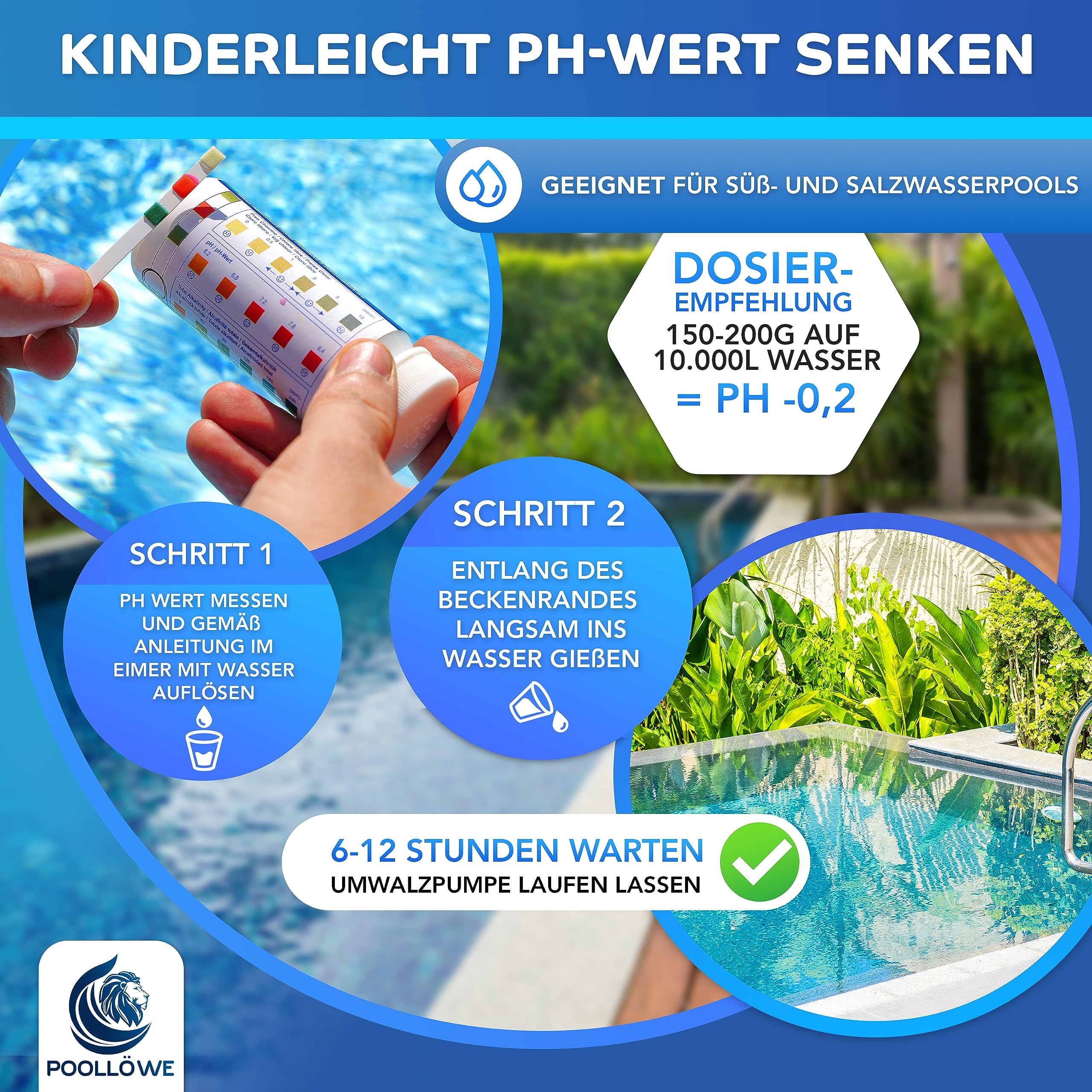 PoolLöwe® pH Minus Granulat mit [ph-Pro Formel] 4,5kg I pH Senker Pool extra Sicher & Effizient dank pH-Wert Stabilisator I pH Wert Senker für Pool & Whirlpool | Pool pH Minus Granulat pH- Regulierung