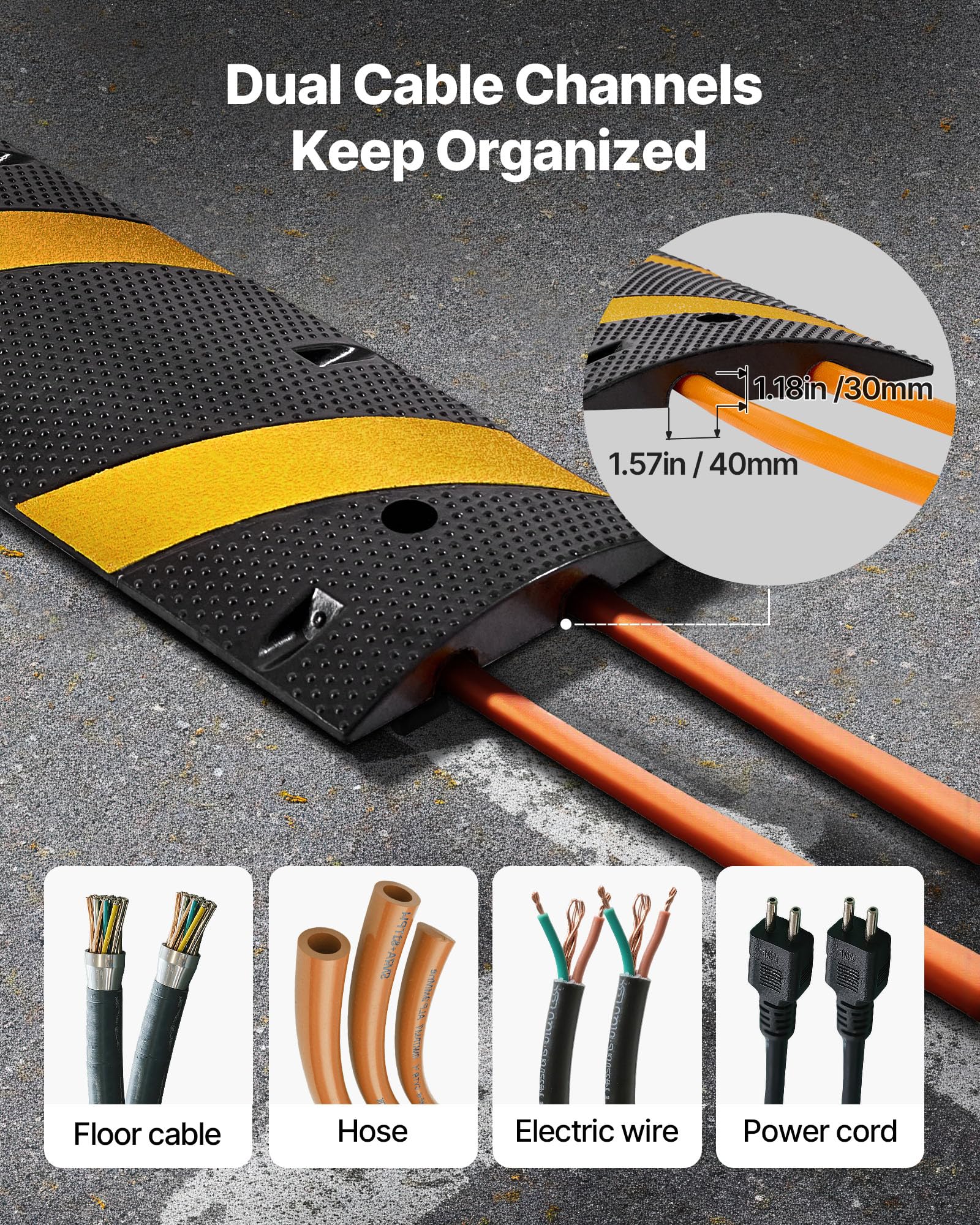 VEVOR Protector de Cables para Suelo 1830 mm 2 Canales Rampa de Protección de Cable Capacidad de Carga de 9979 kg con Tornillos de Expansión, para Caminos de Entrada de Grava, Hormigón, 2 Piezas
