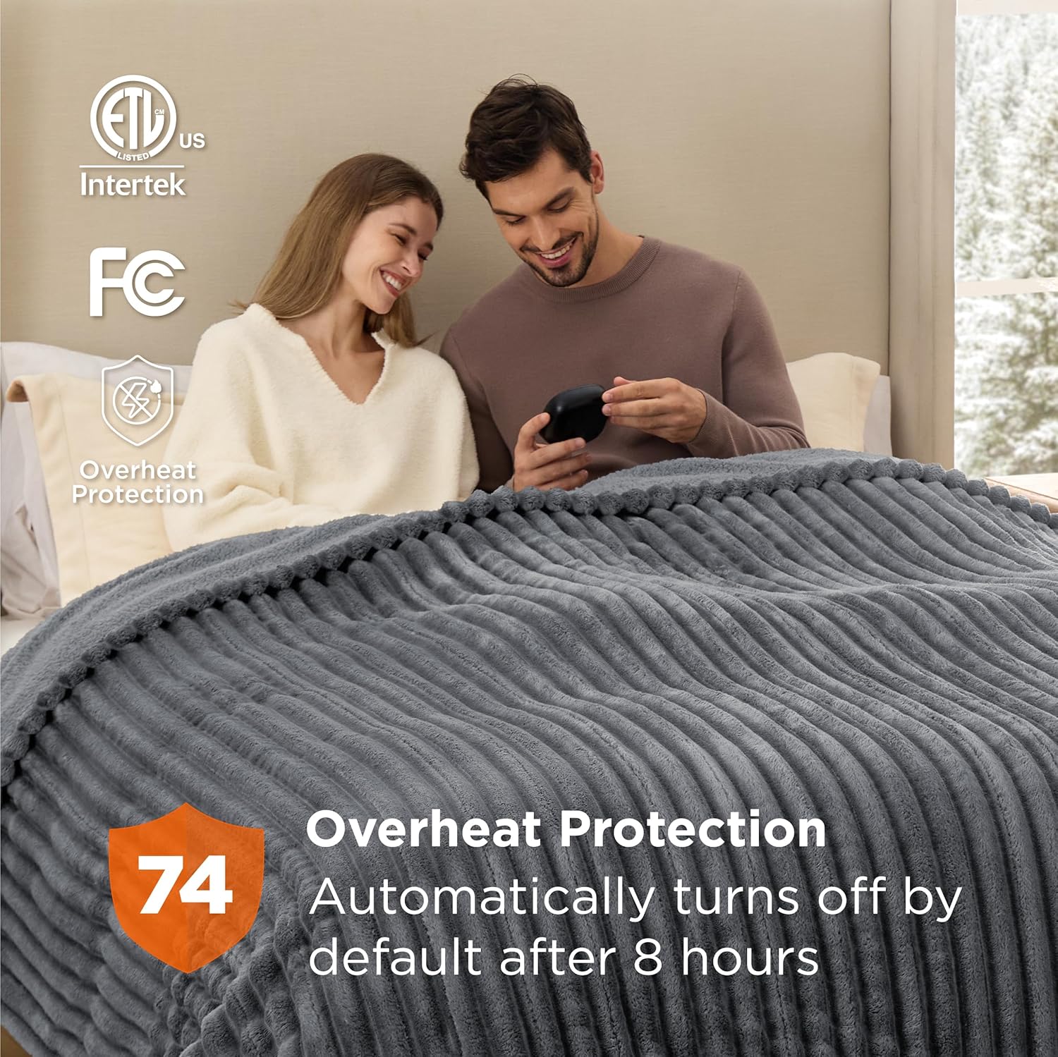 Bedsure Electric Blanket King Size - Thick Striped Flannel Electric Blanket with Dual Control, Heating with 10 Heat Settings & 10 Time Settings, 8 hrs Timer Auto Shut Off (90x100 inches, Grey) - Image 4