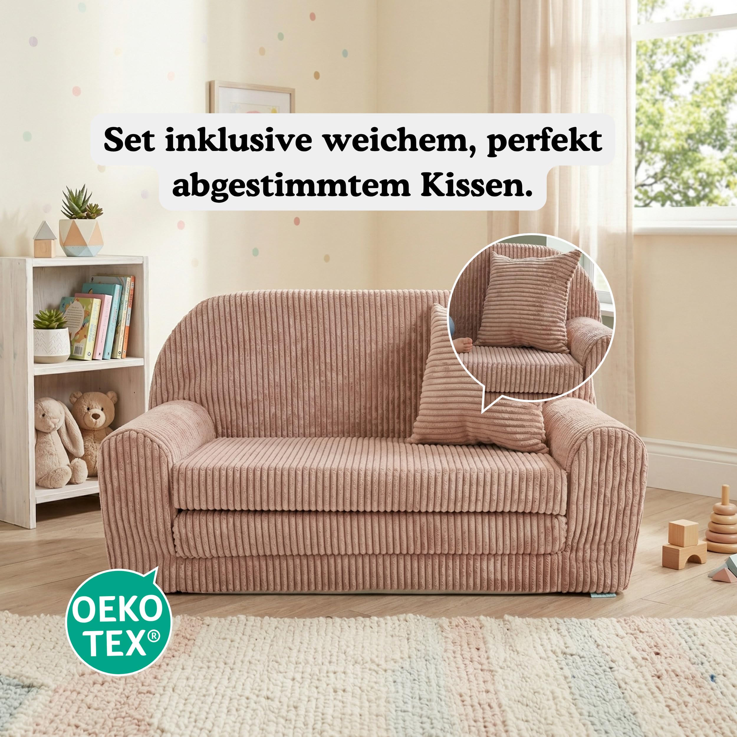 FORTISLINE Kindersofa ausklappbar 78x45x40 cm - Kindercouch aus Cord mit Liegefläche 104 cm, Mini Sofa für Kinderzimmer, Abnehmbarer waschbarer Bezug, Oeko-TEX Standard 100
