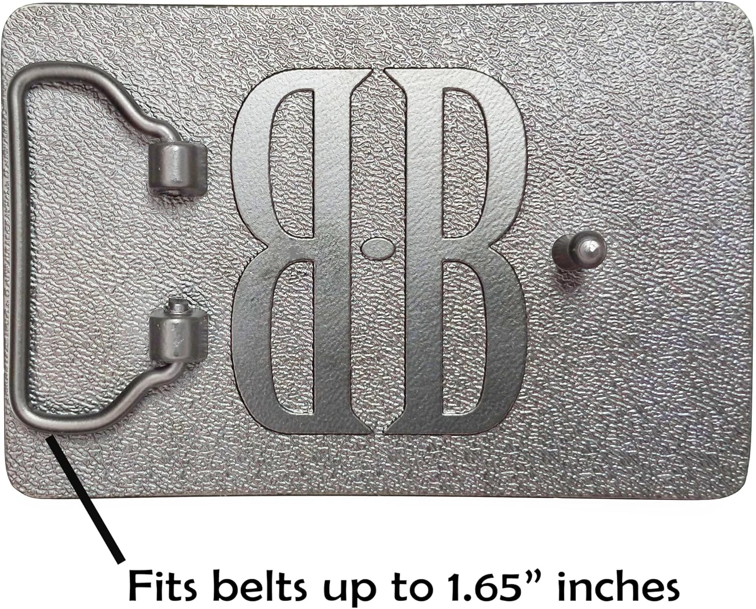 Back of the CSI Belt Buckle showing the loop and prong mechanism, with text indicating it fits belts up to 1.65 inches