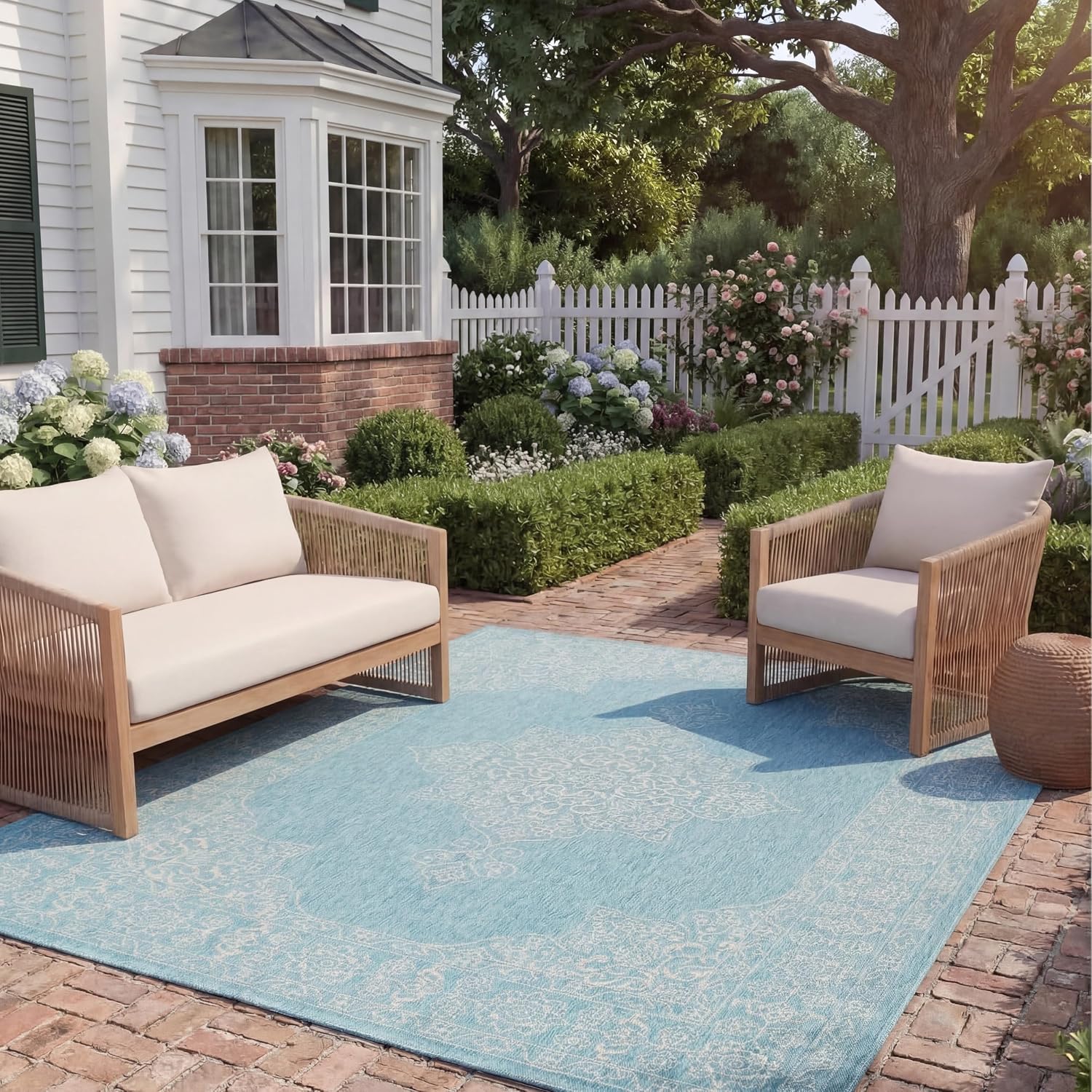 SAFAVIEH Washable Rug Outdoor Courtyard Collection - 6'7" x 9'6", Aqua Blue & Grey, Non-Shedding & Easy Cleaning, Ideal for Patio, Backyard, Mudroom (CY8232-37121)