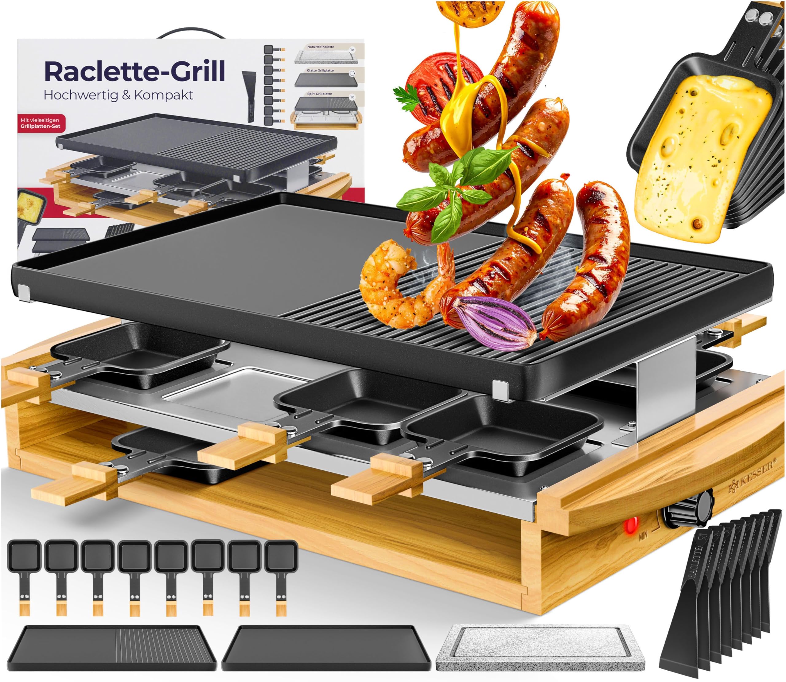 KESSER® Griglia per raclette con pietra naturale, piastra per grigliare griglia da tavolo per 8 persone, griglia elettrica per raclette con piastra antiaderente, 8 pentole e spatola di legno 1200W