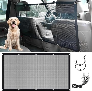 Car Dog Barrier Net Universal Dog Barrier for Car with Adjustable Ropes and Hooks One-Piece Design Mesh for Most Cars, SUVs, Pickups, Trucks and Vans45x24 Inches