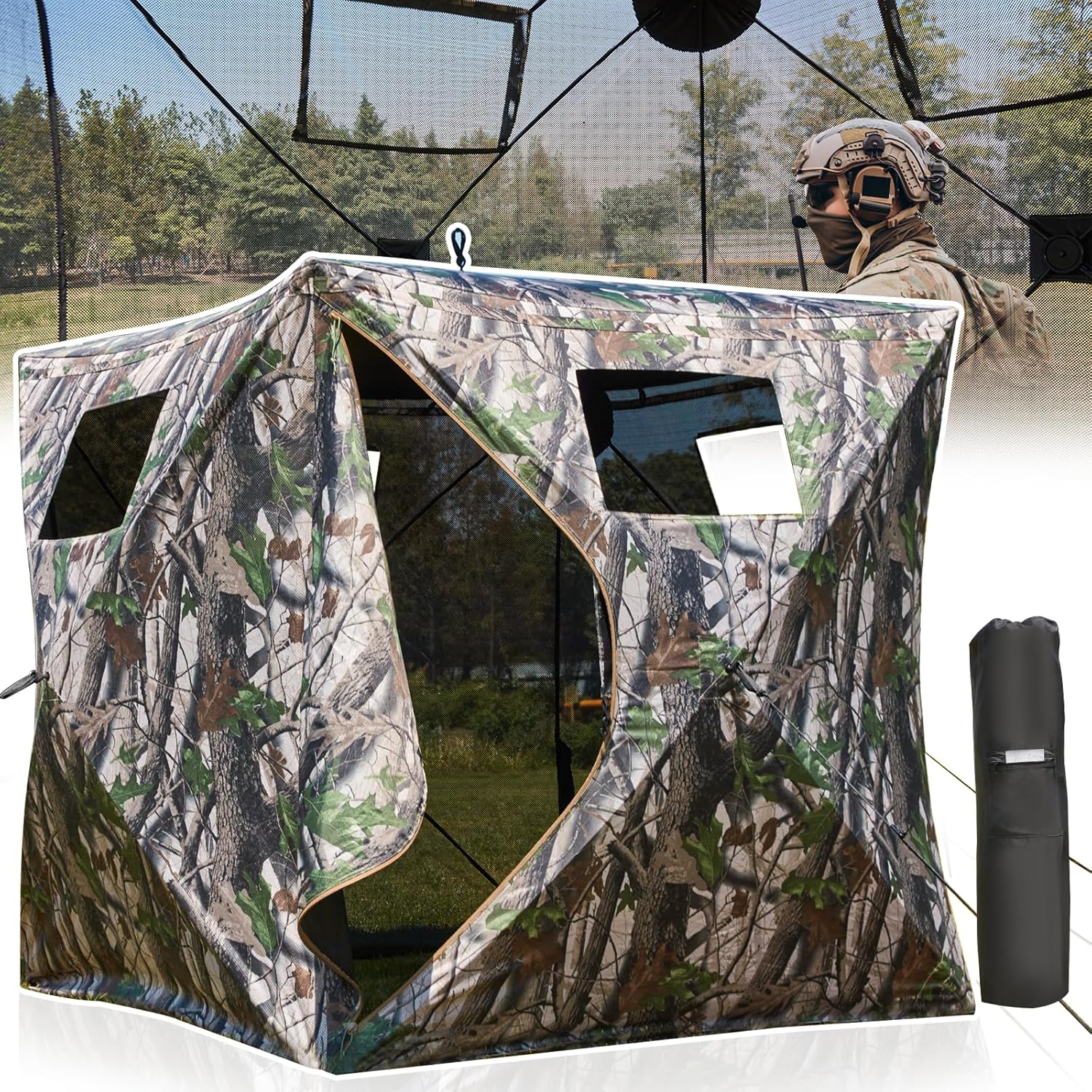 YOLENY See-Through Hunting Blind, Portable Pop Up Ground Blind with Carrying Bag - Resilient Tent, Zip Door & Silent Windows for Deer & Turkey Hunting
