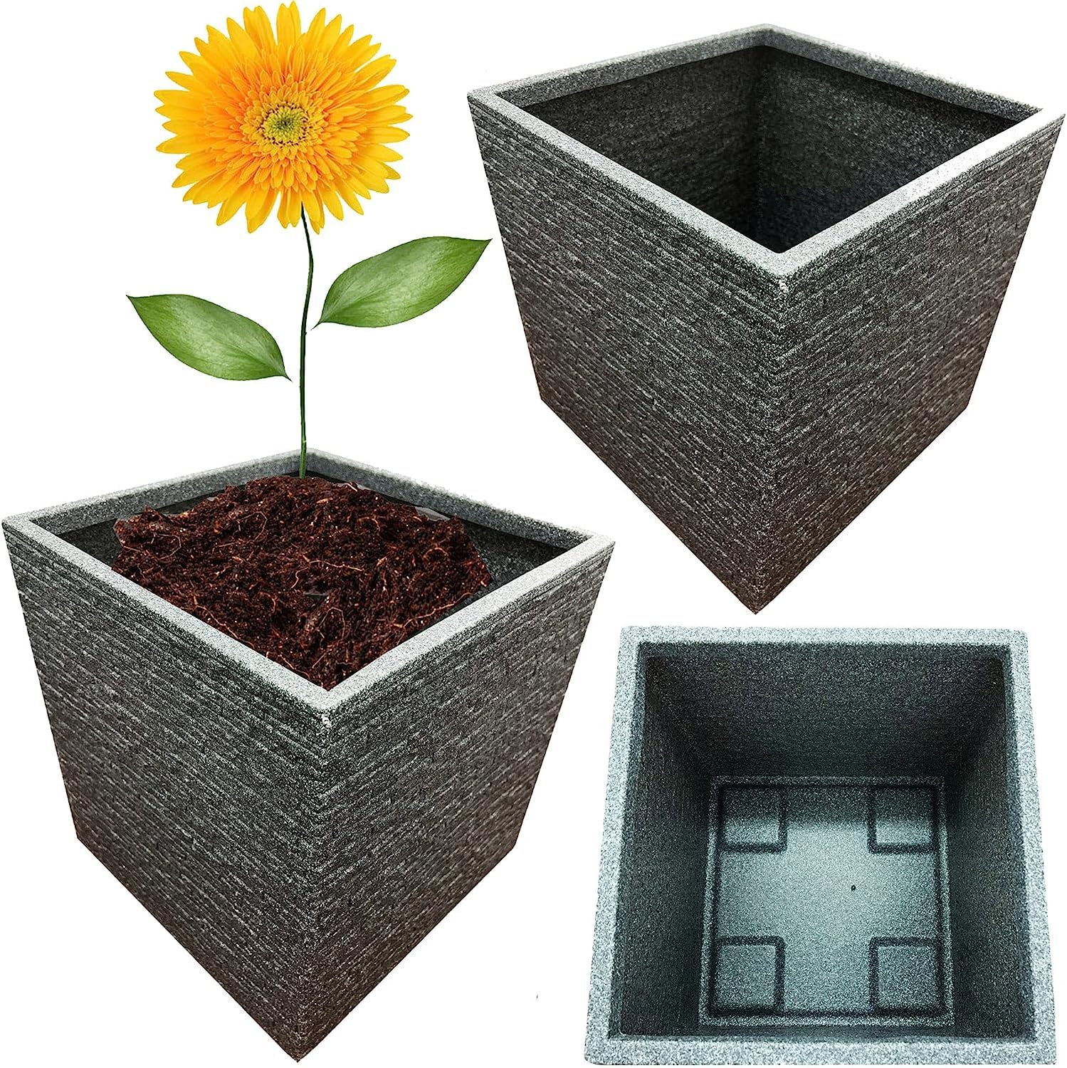 STORM TRADING GROUP 38cm Grey Square Slate Plastic Planter Flower Pot Patio Garden Box (1 Square Slate Planter)