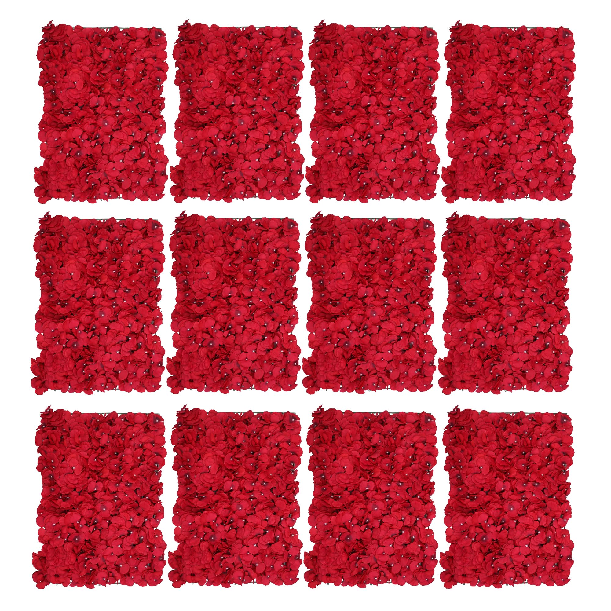Trimming Shop Artificial Flowers Wall Panels DIY Fake Flower Wall Silk Flower Romantic Floral Backdrop for Wedding Birthday Party Home Decoration, 60cm x 40cm, Deep Red, 12pcs