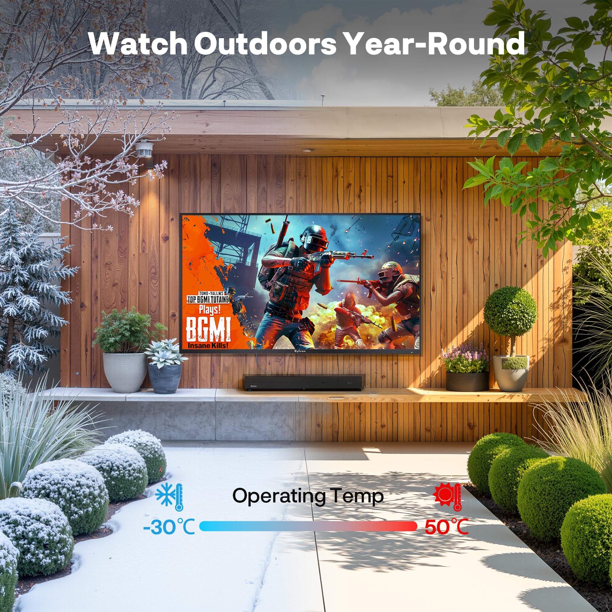SYLVOX TV Exterior de 75", 120 Hz 4K Ultra HD, IP55 Waterproof, Outdoor Google TV, Dolby Atmos, WiFi 5G y HDMI 2.1, DVB-C/T2/S2, HEVC, Televisor Smart de 1000 nits Ideal para Gaming (Modelo 2025)