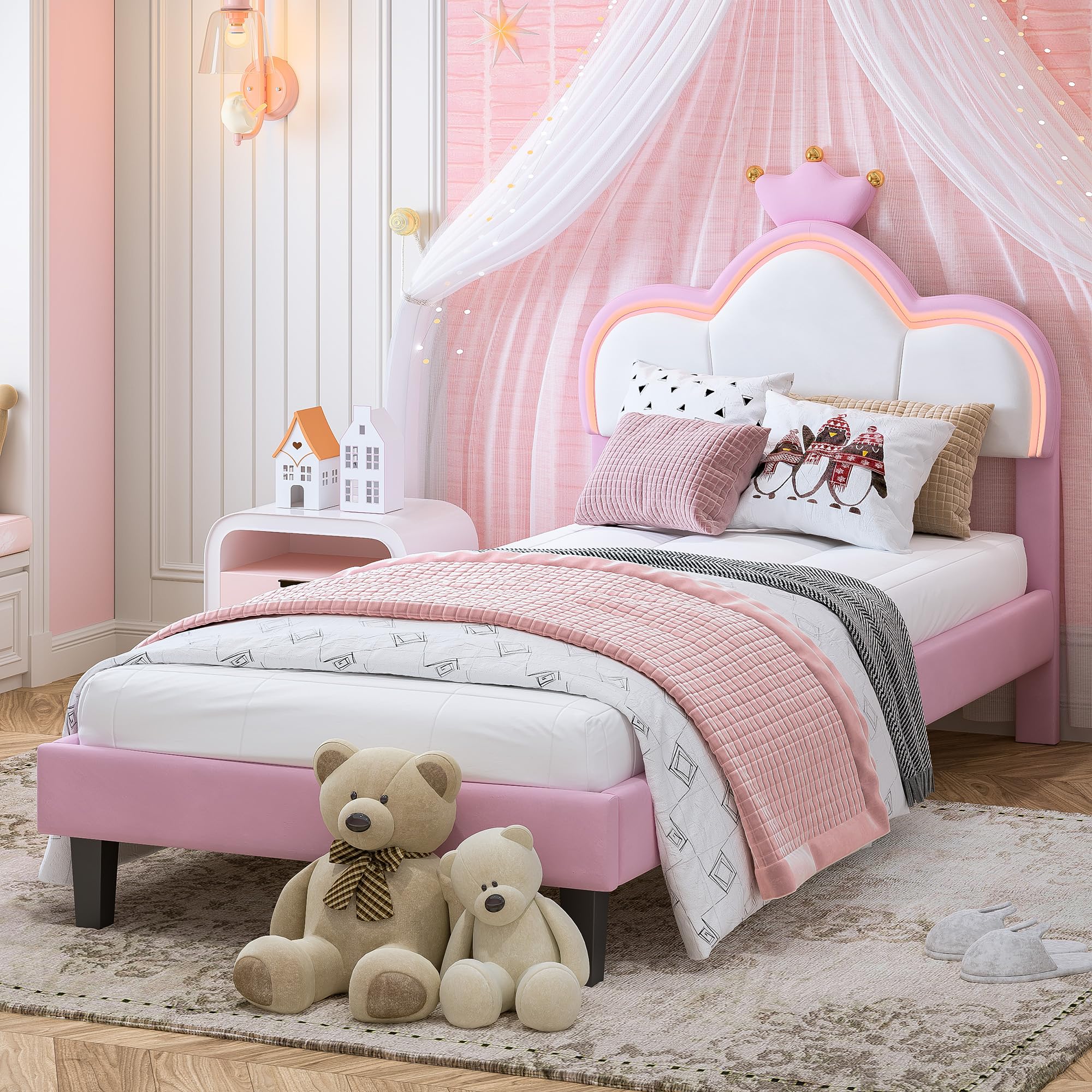 Letto singolo imbottito 90x200 cm per bambini, letto per bambine con illuminazione a LED e controllo tramite app, letto per bambini dal design a corona, testiera regolabile in altezza