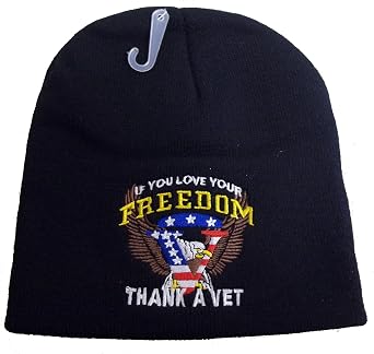 8" IF You Love Your Freedom Thank Vet Beanie HAT Veteran Cap Skull Flag Military Black