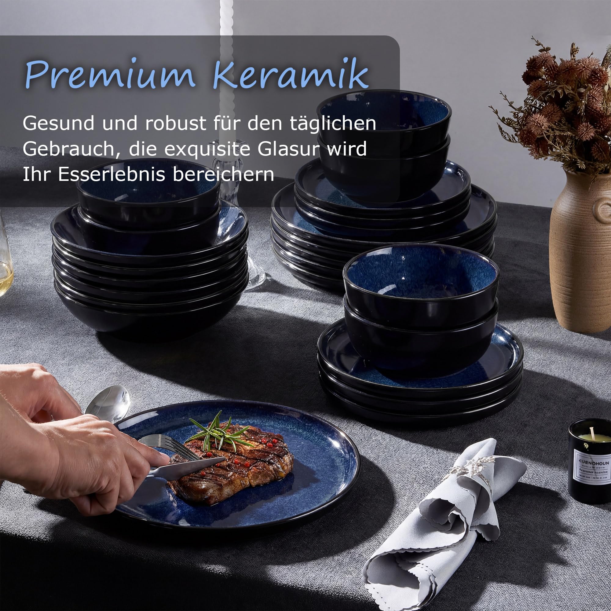 Homikit Set di stoviglie da 6 persone, set da 24 pezzi, in gres, in gres reattivo, con piatti piani, piatti da dessert, piatti fondi, ciotole per cereali, forno a microonde e lavabile in lavastoviglie