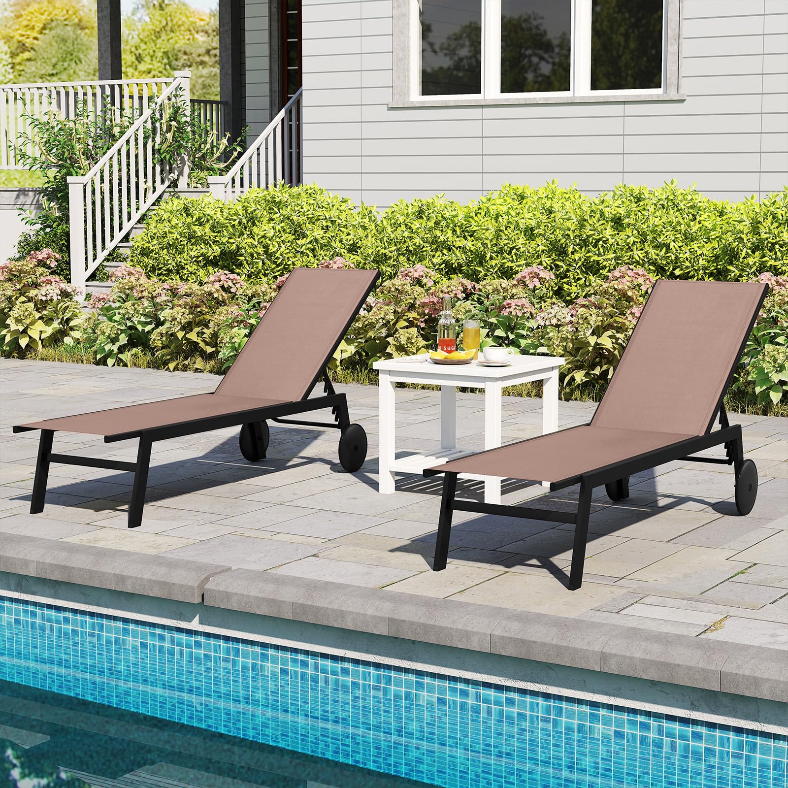COSTWAY 1/2 Tumbonas Jardin Exterior con Ruedas, Tumbona Reclinable, Respaldo Ajustable en 6 Posiciones, Textilene, Espreguiçadeira Jardim Piscina Terraza Playa (café,2)