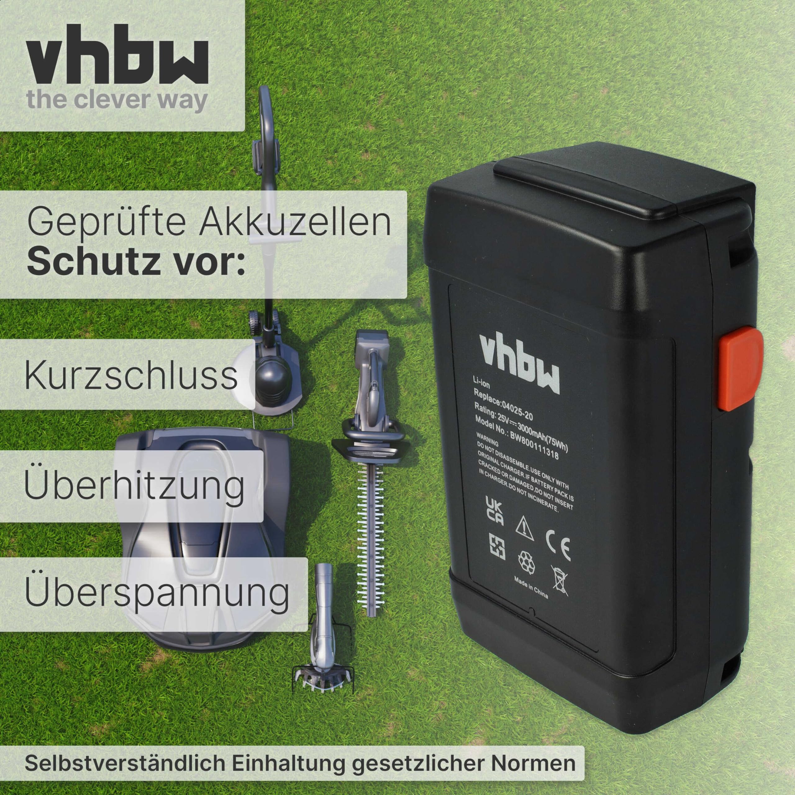vhbw Batería reemplaza Gardena 8838, 8838-U, 8838U, 04025-20, 8838-20, 4025 para cortacésped 3000mAh 25V Li-Ion