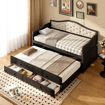 DNYN Wooden Daybed with Pull-Out Trundle and 2 Storage Drawers for Bedroom/Guest Room, Space-Saving Twin Size Bed Frame with Upholstered Button Tufted Backrest, No Box Spring Needed