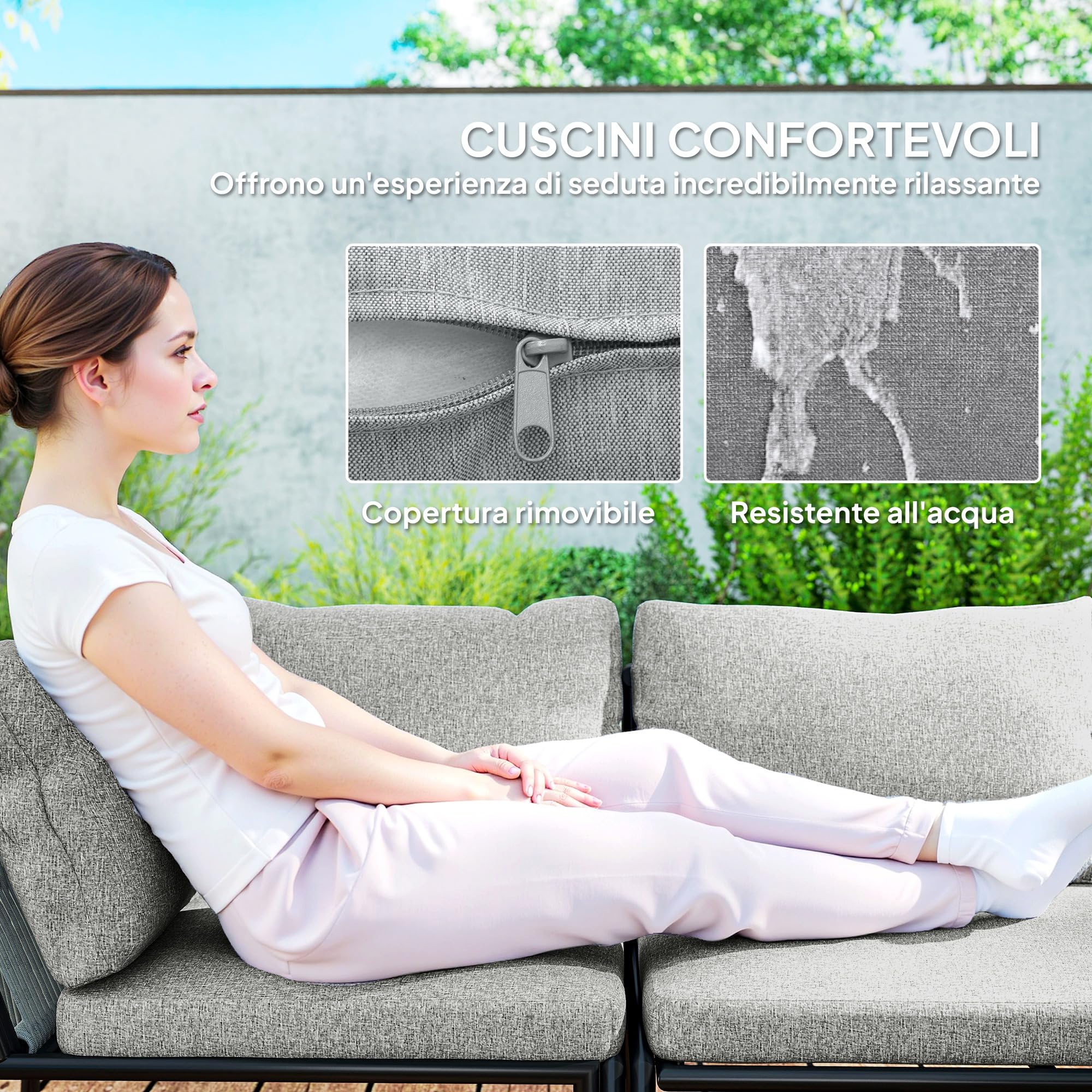 Outsunny Set di Mobili da Giardino in Rattan 4 Pezzi, Salotto da Esterno con Divano Angolare Modulabile, Tavolino da Caffè e Cuscini Lavabili, Acciaio, Grigio Scuro