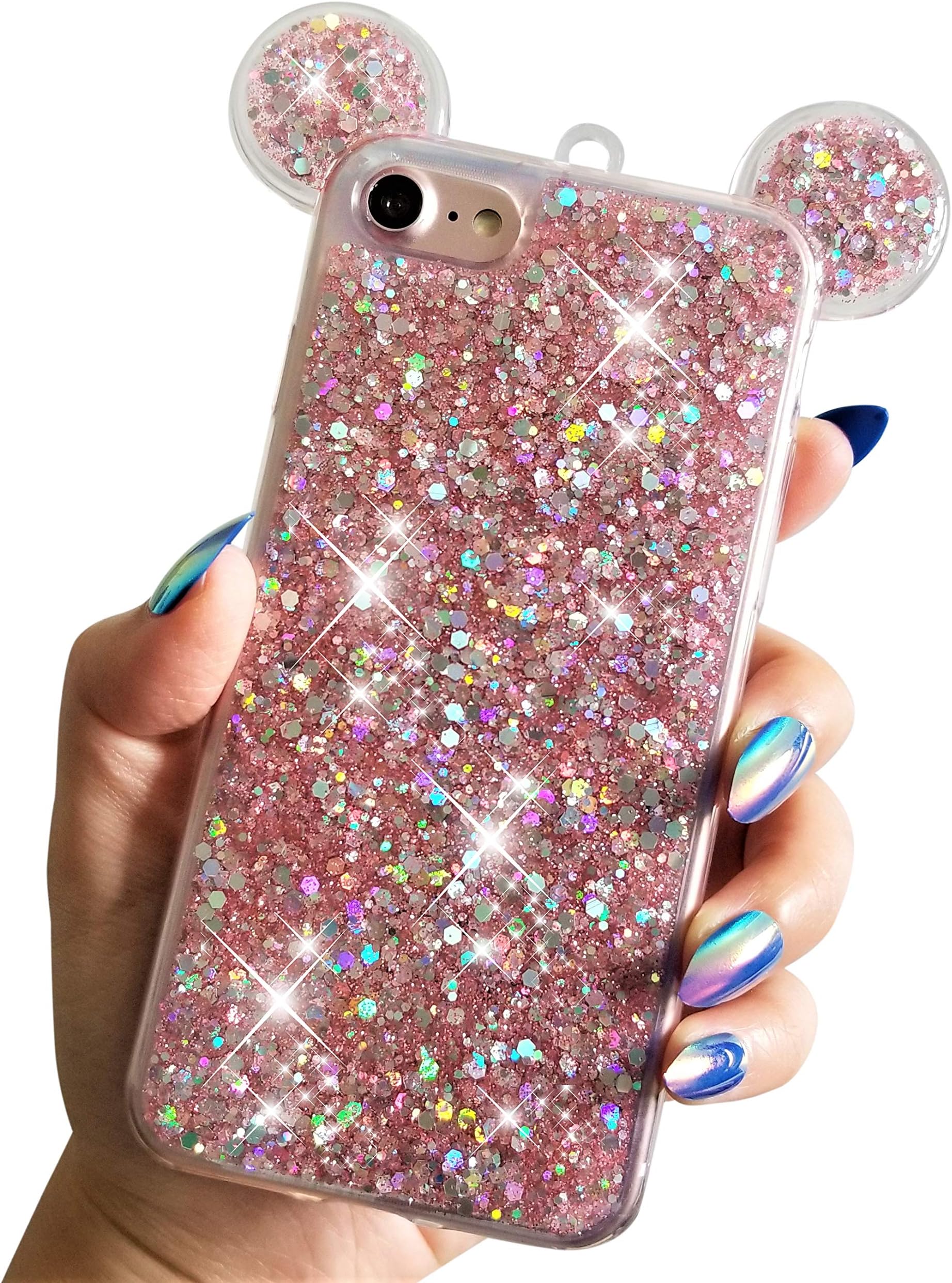 NAMA for iPhone 7/8 4.7" iPhone SE (2020) 2nd Gen Soft TPU Holographic Dots Minnie Mickey Ears Shiny Glitter Disney Back Cover Case (Pink)