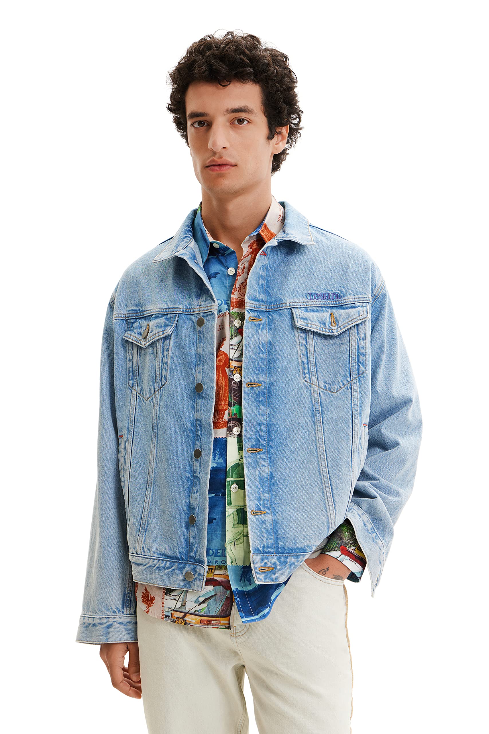 Embroidered denim trucker jacket - BLUE - M