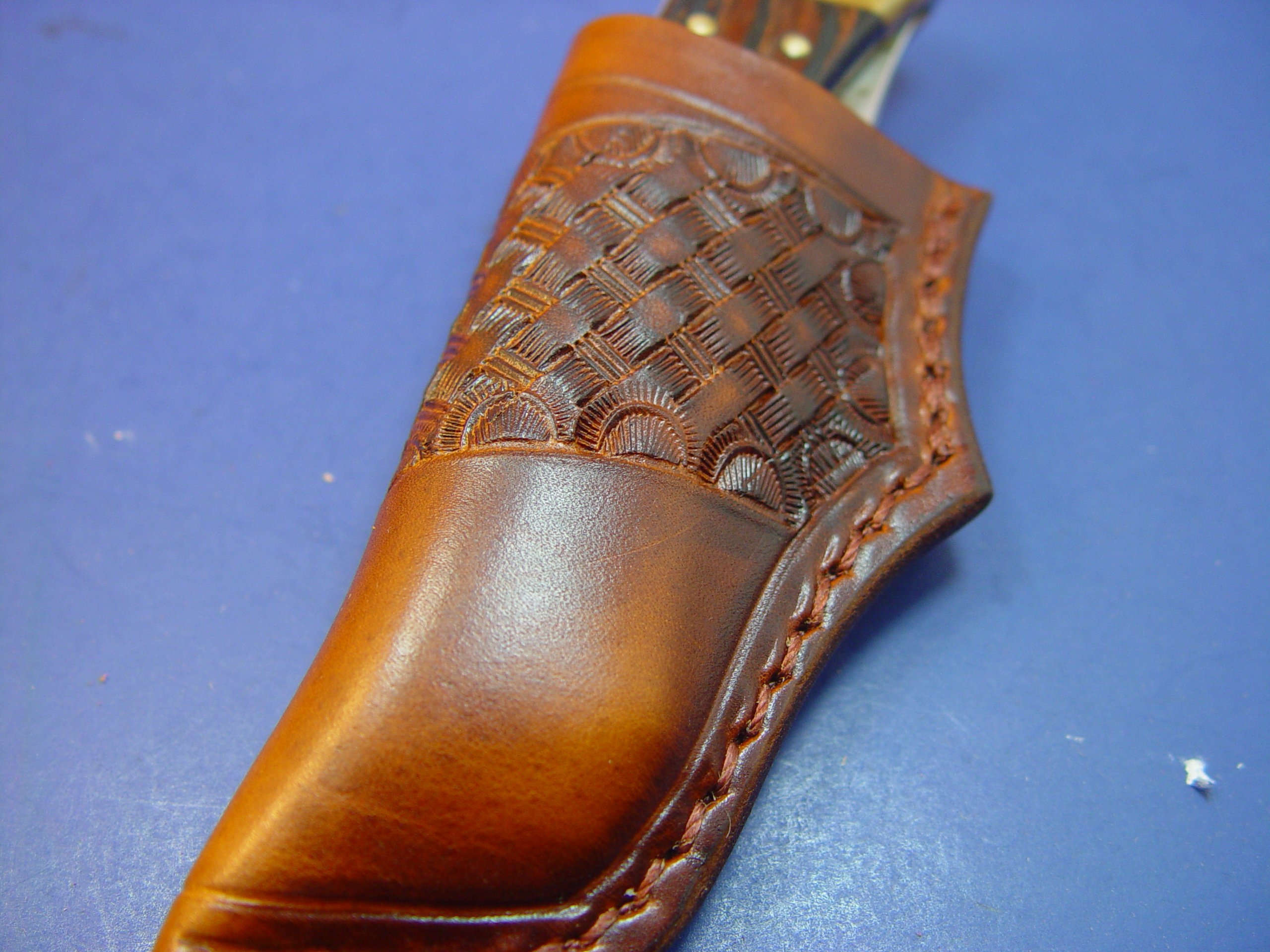 Custom Left Hand Buck 110 Knife Sheath. Tooled and Dyed Light Brown. Knife Not for Sale