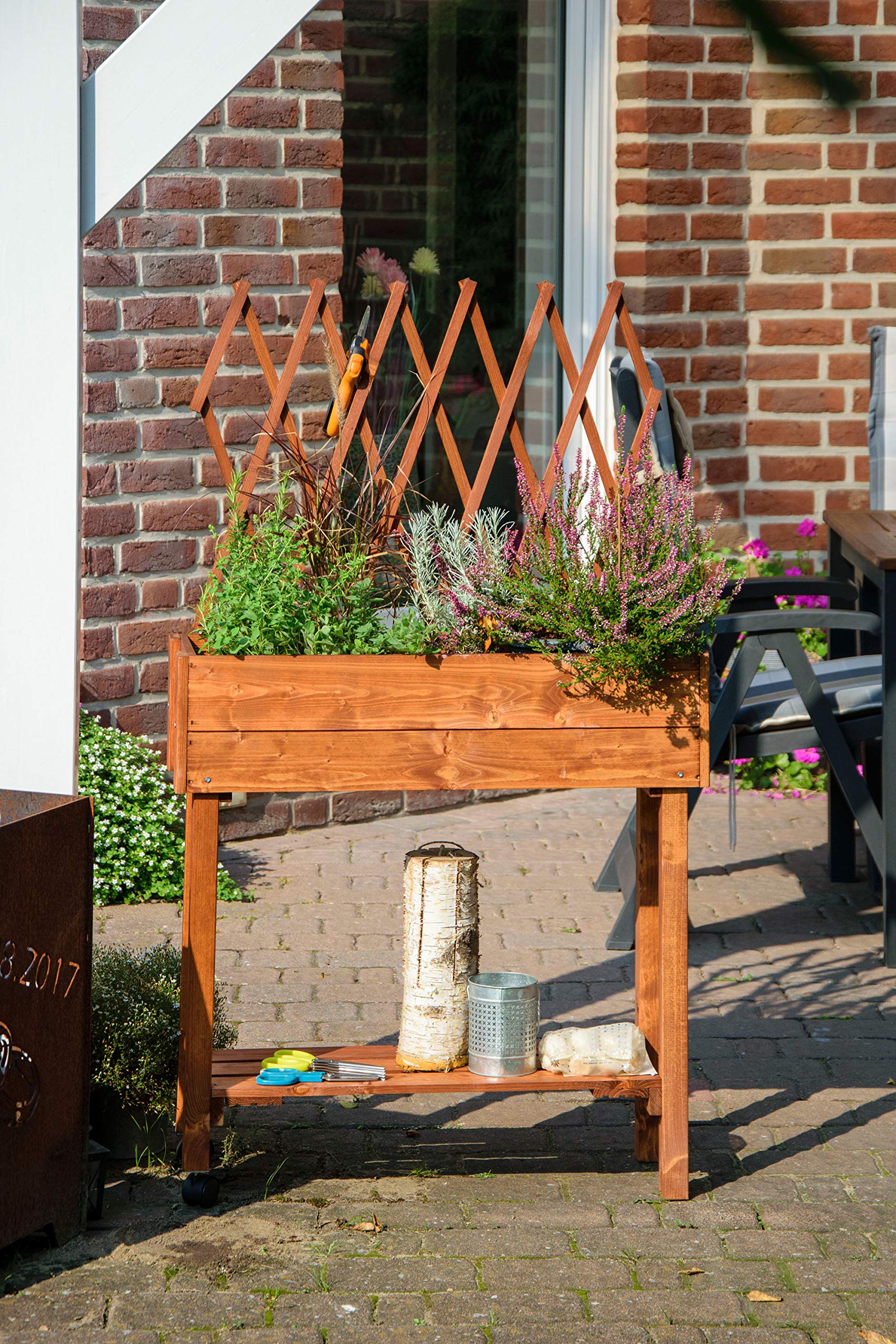 dobar 58187e - Aiuola rialzata Arrotolabile con Traliccio | Fioriera su Ruote | aiuola in Legno Massiccio | aiuola Sottile per Giardino/terrazze/Balcone | 79 x 28,5 x 130 cm | Marrone