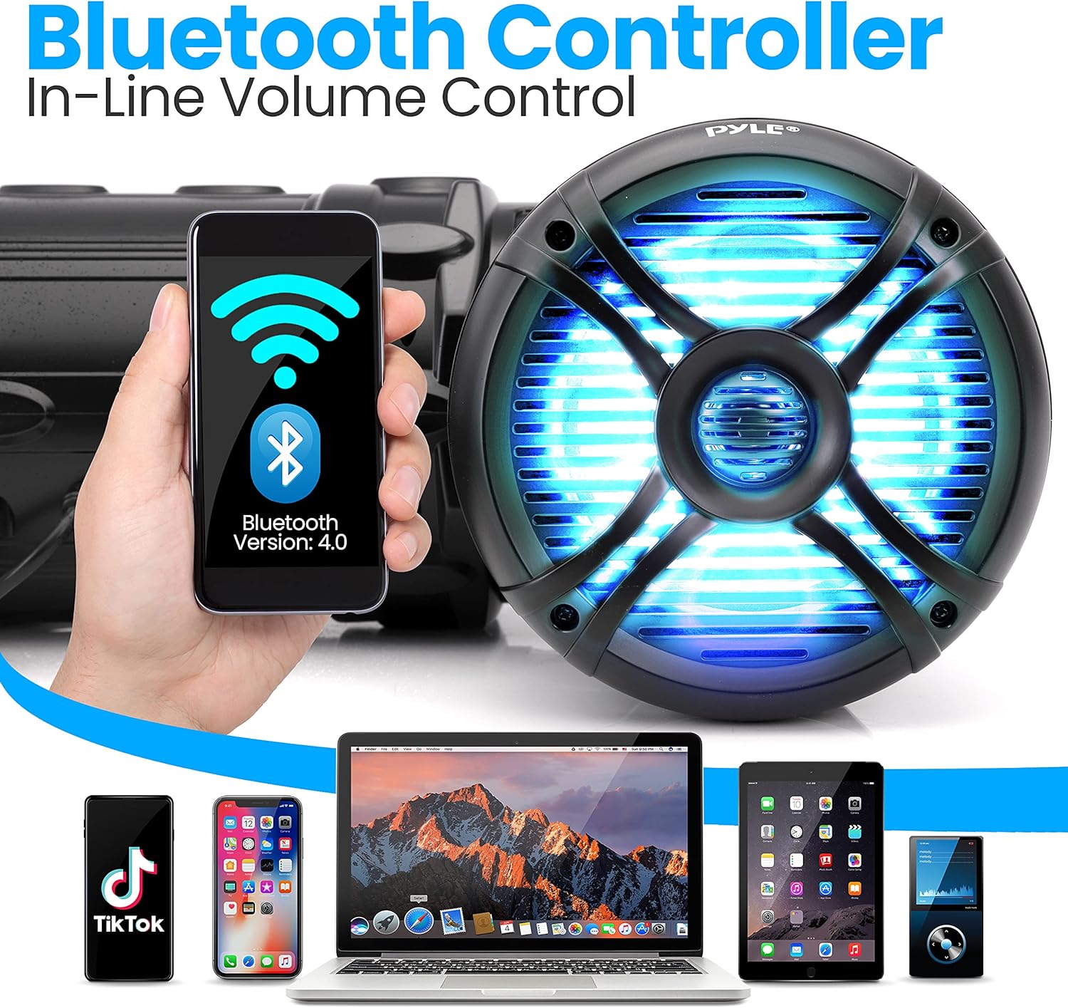 Featured Product Pyle Marine ATV Powered Speakers - 4.0 Wireless Bluetooth, 800 Watt, Color Changing LED Lights, IP44 Waterproof, 6.5“ Dual Audio Sound System for UTV, Golf Carts, Jetski and Snowmobile - PLATV65BT