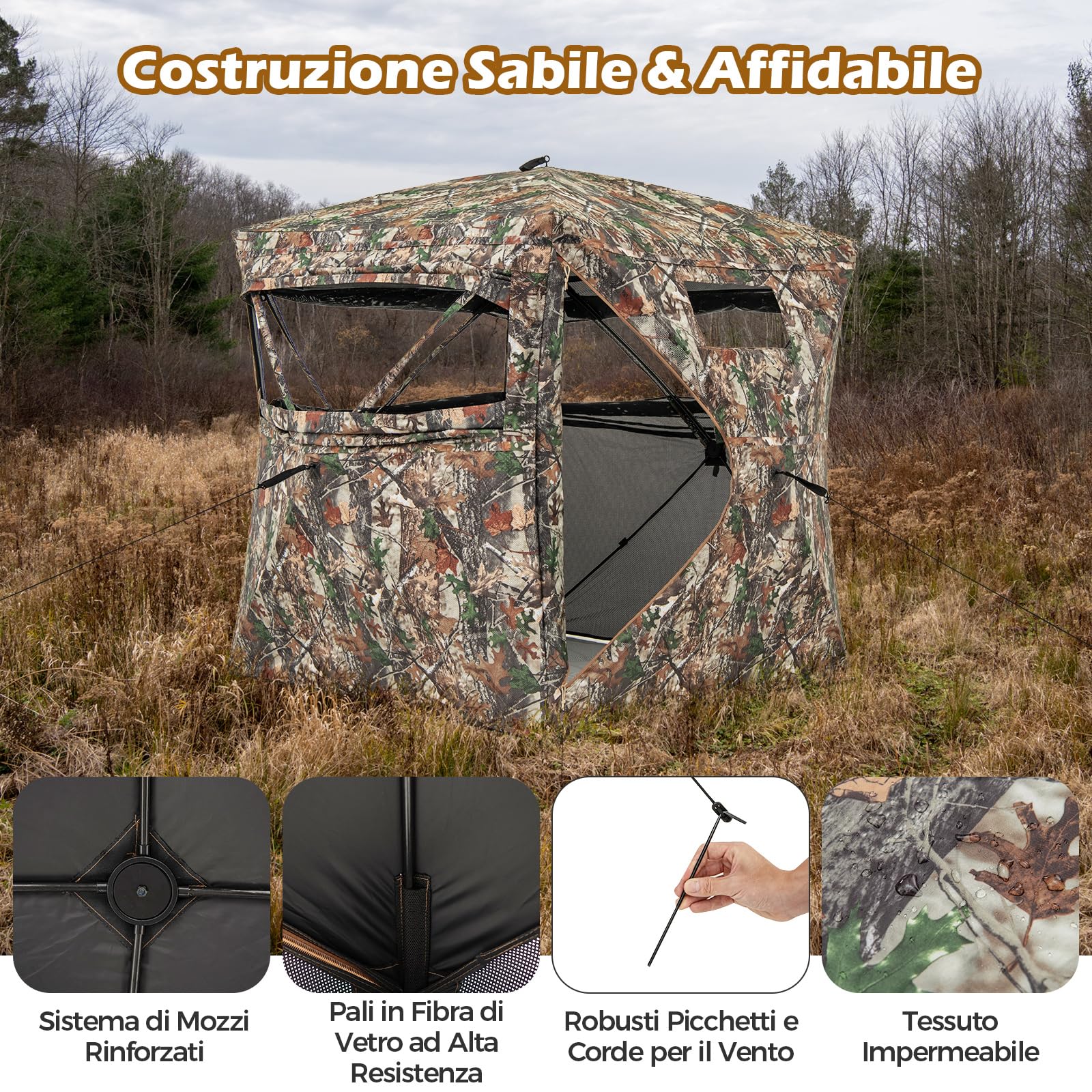 COSTWAY Tenda da Caccia per 2-3 Persone, Tenda Mimetica a Visione a 360° per Caccia, Tenda Pop-Up Camouflage con Borsa da Trasporto, Apribile Completamente da 1 Lato, 148 x 148 x 170 cm