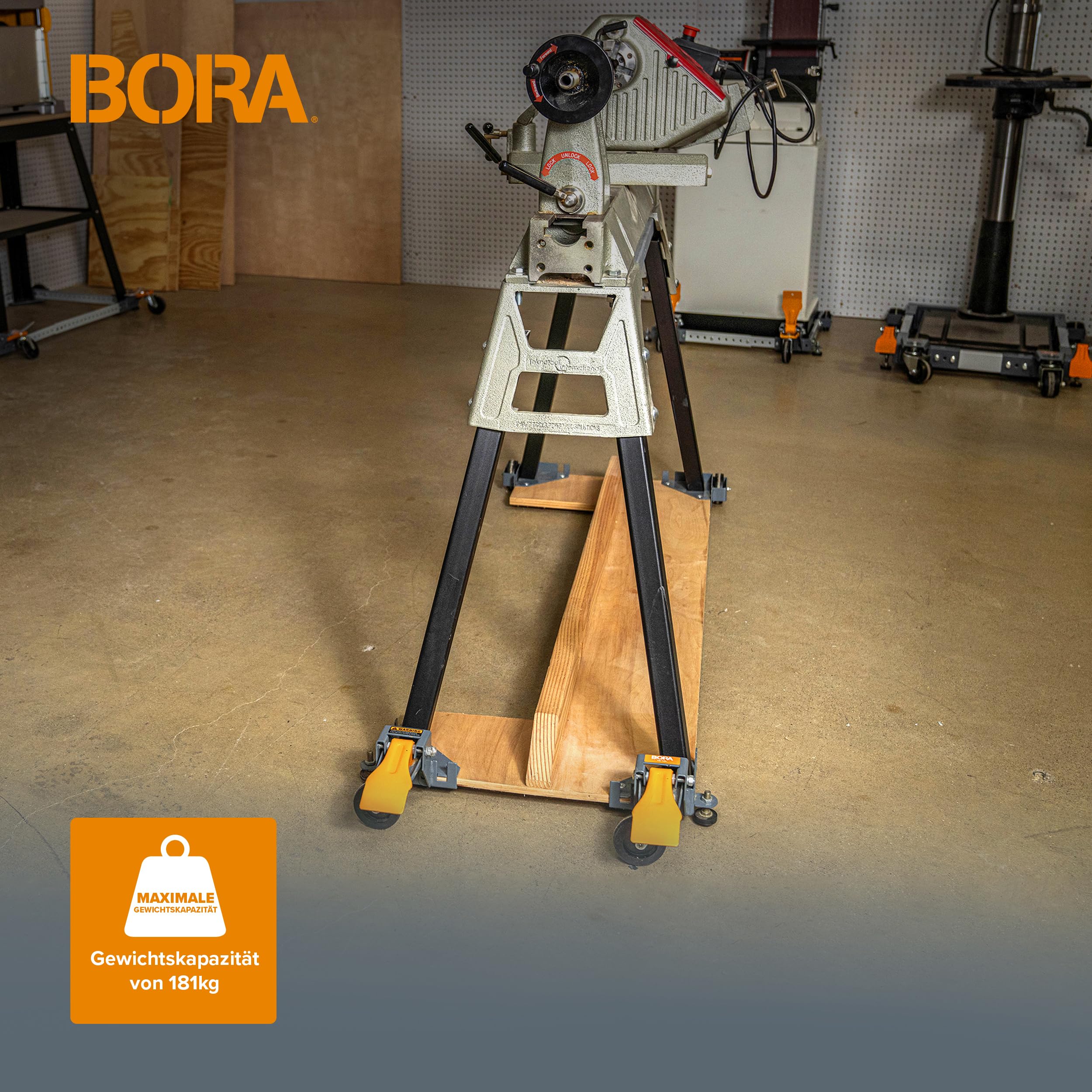 BORA Mobile Basis Set PM-1100 – Universelles Rollset, 180 kg Tragkraft, für Tischkreissäge, Bandsäge & Holzbearbeitungsmaschinen, Orange/Grau