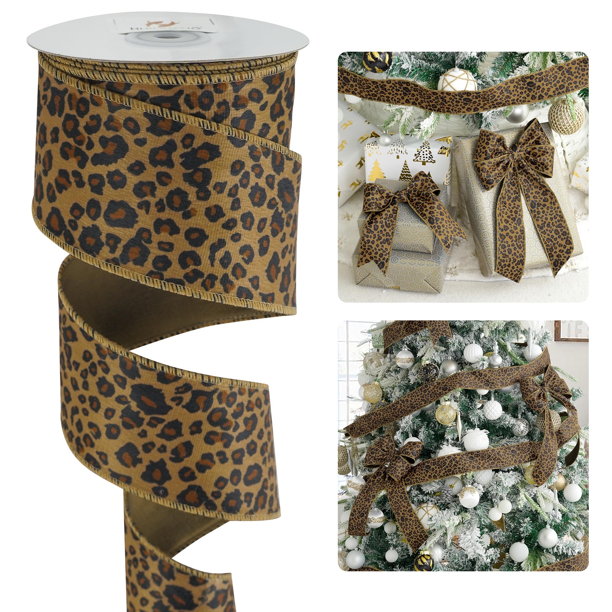 HUIHUANG Leopard Print Velvet Wired Ribbon 2.5 inch Animal Print Brown Velvet Ribbon for Christmas Tree, Bows Making, Wreaths, Garland, Crafting, Fall Decor-Continuous 10 Yards
