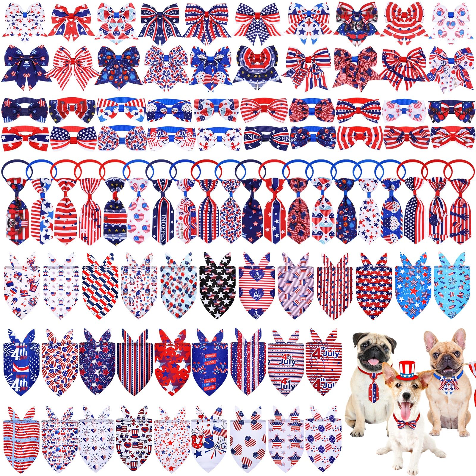 Reginary 120 Pcs 250th Anniversary Dog Bandanas Bulk 4th of July Patriotic Dog Bow Ties and Neckties Set, Red White and Blue Triangle Pet Kerchief Accessories for Small Medium Large Dogs Grooming โ image 1