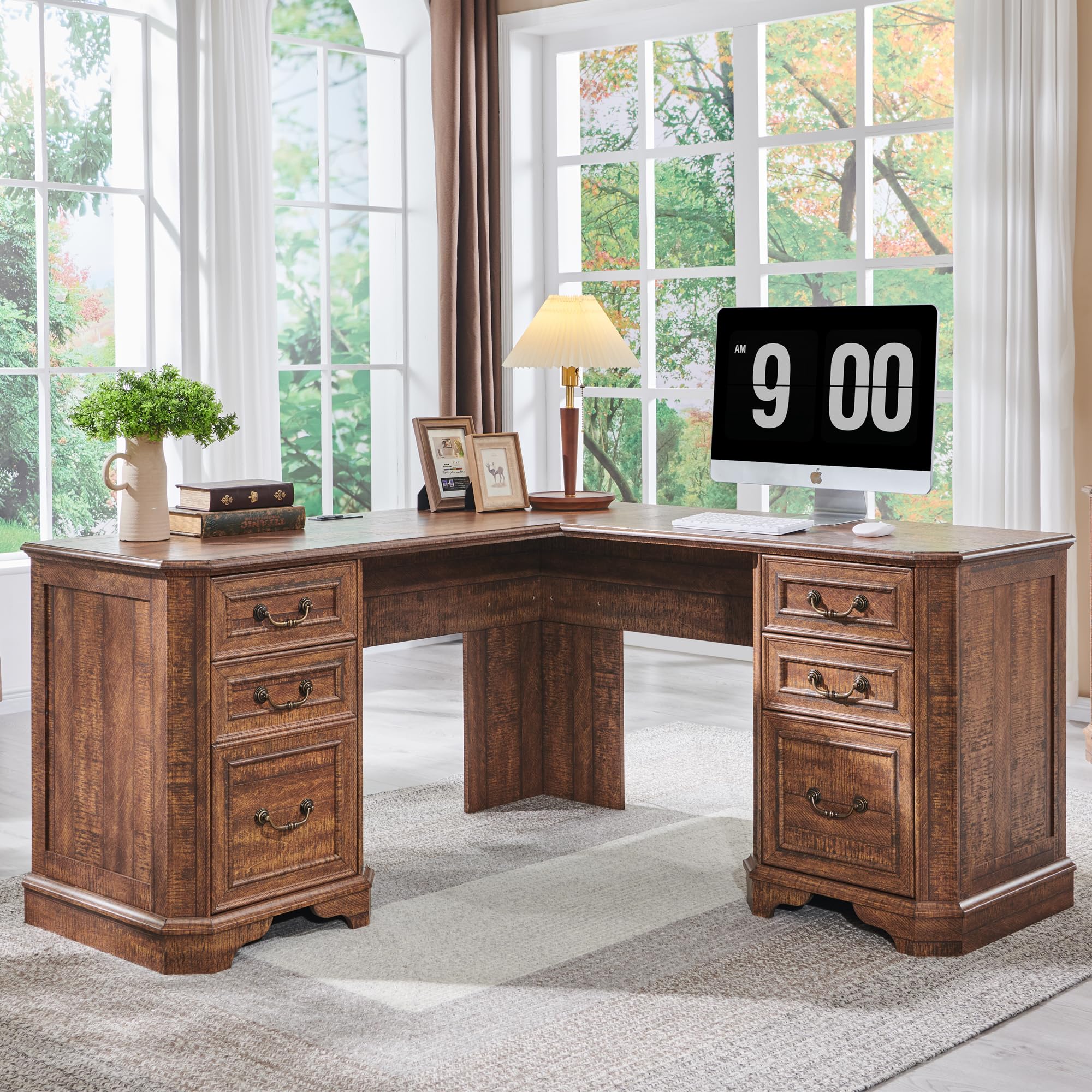 T4TREAM 59" Executive L Shaped Desk with Drawers,Farmhouse Wood Computer Corner Desk,Featuring Charging Station,File Drawer, Storage Cabinet,for Home