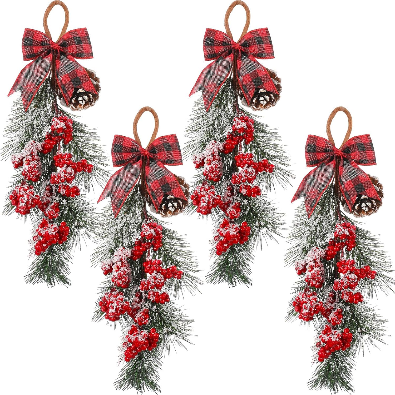 Suncalla 4 Pcs Christmas Kitchen Cabinet Swag 16 Inch Christmas Teardrop Swag Xmas Wreath with Plaid Ribbon Pine Cone Red Berry for Xmas Kitchen Front Door Window Home Hanging Wall Outdoor Decor